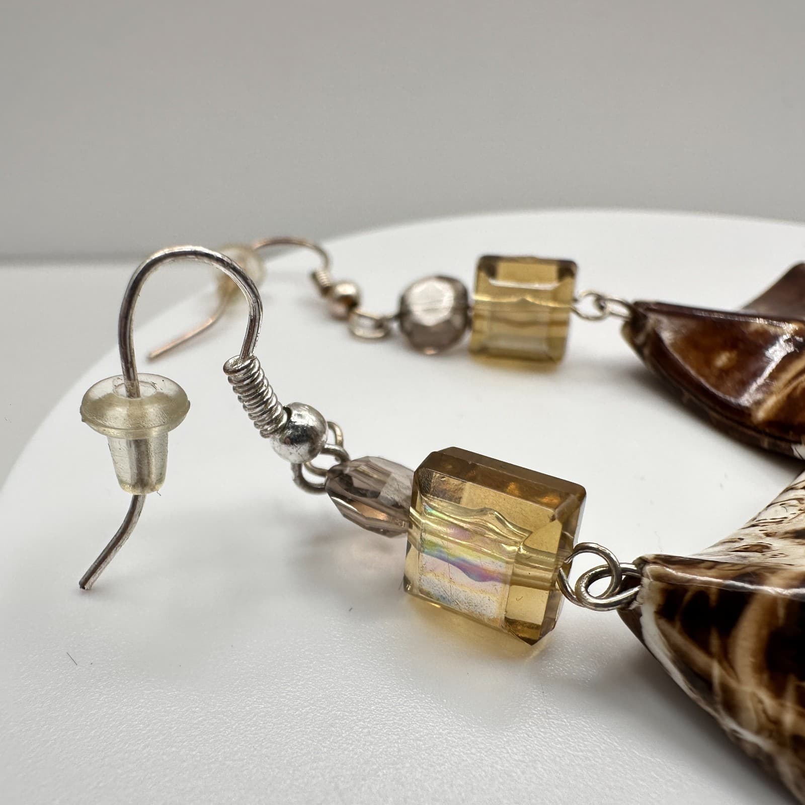 Vintage 90s Geometric Brown Black Crystal Dangle Drop Earring Hook Woman Jewelry - Thumbnail 3