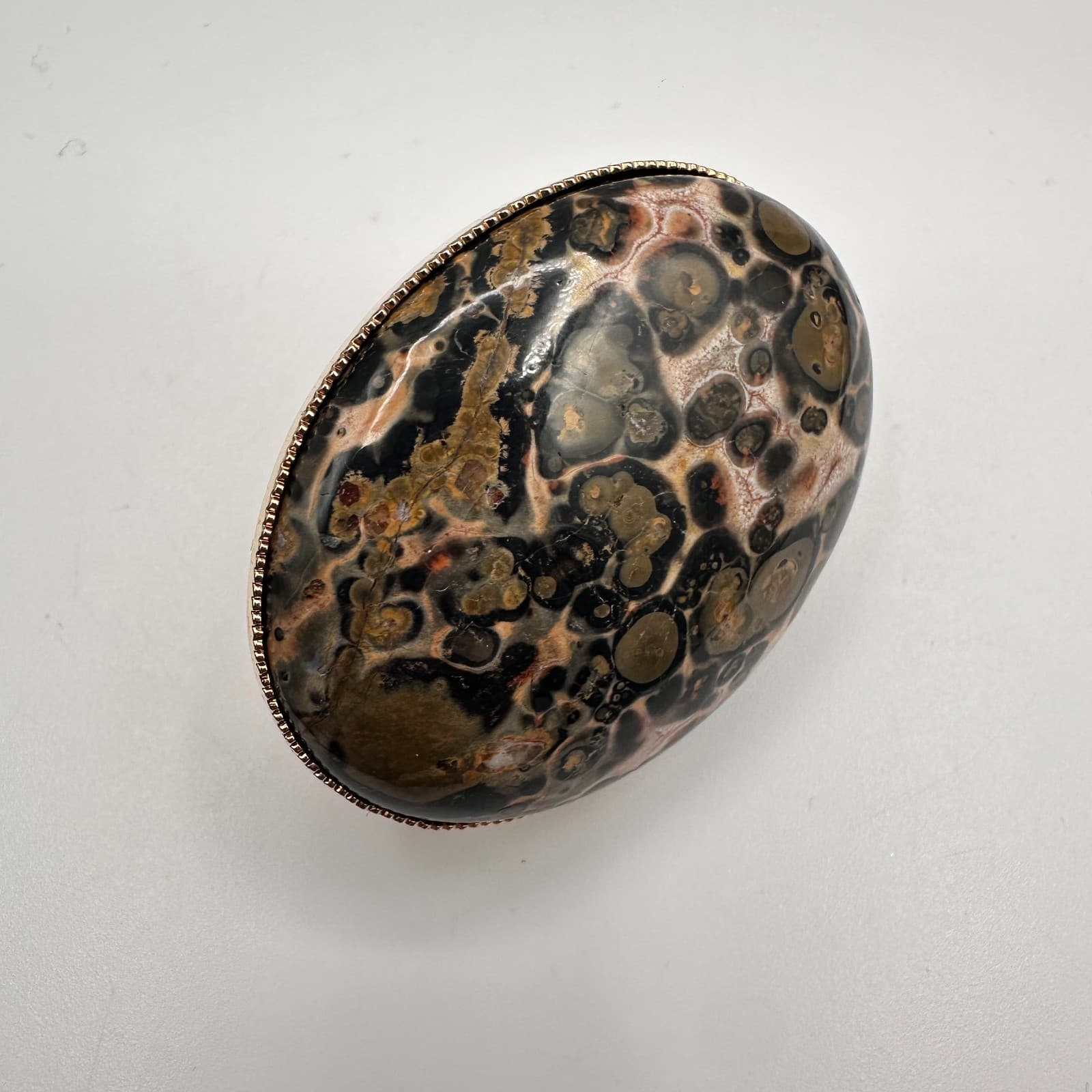 Vintage 80s Leopard Skin Jasper Ring Gold Tone Large Oval Statement Jewelry - Image 1