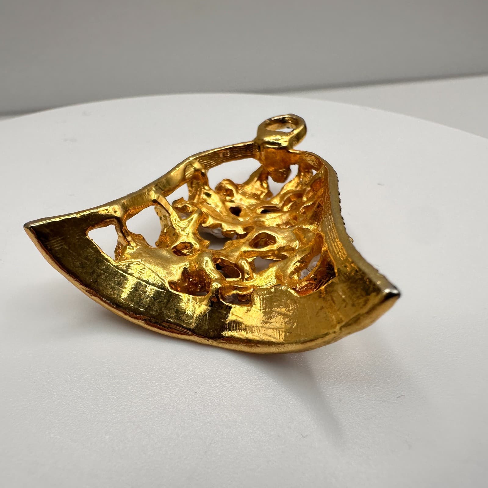 Vintage 80s Christmas Bell Pendant Gold Tone Holly Leaf Enamel Red Stone Jewelry - Thumbnail 3