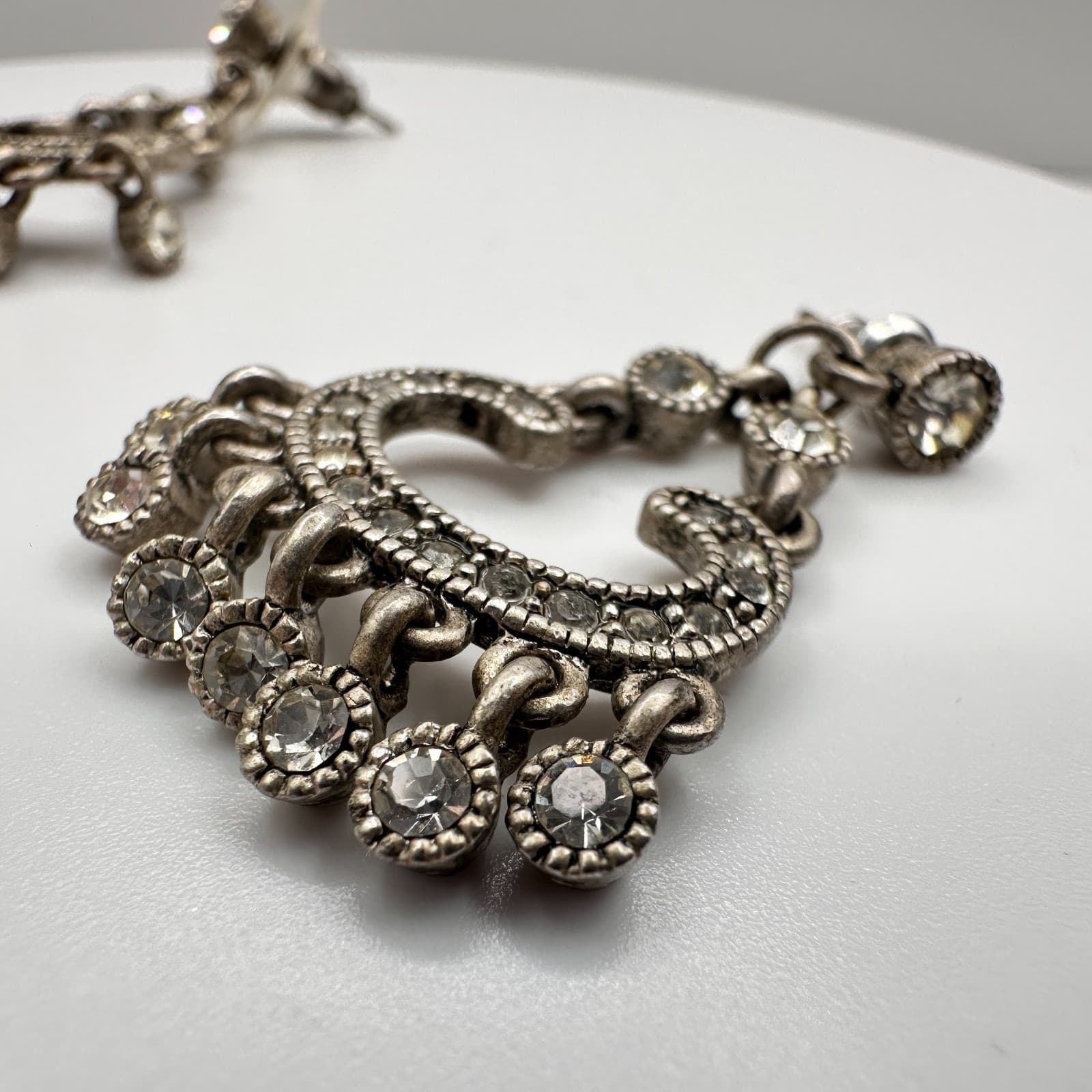 Vintage 80s Silver Tone Chand Dangle Drop Earrings Rhinestone Jewelry - Thumbnail 4