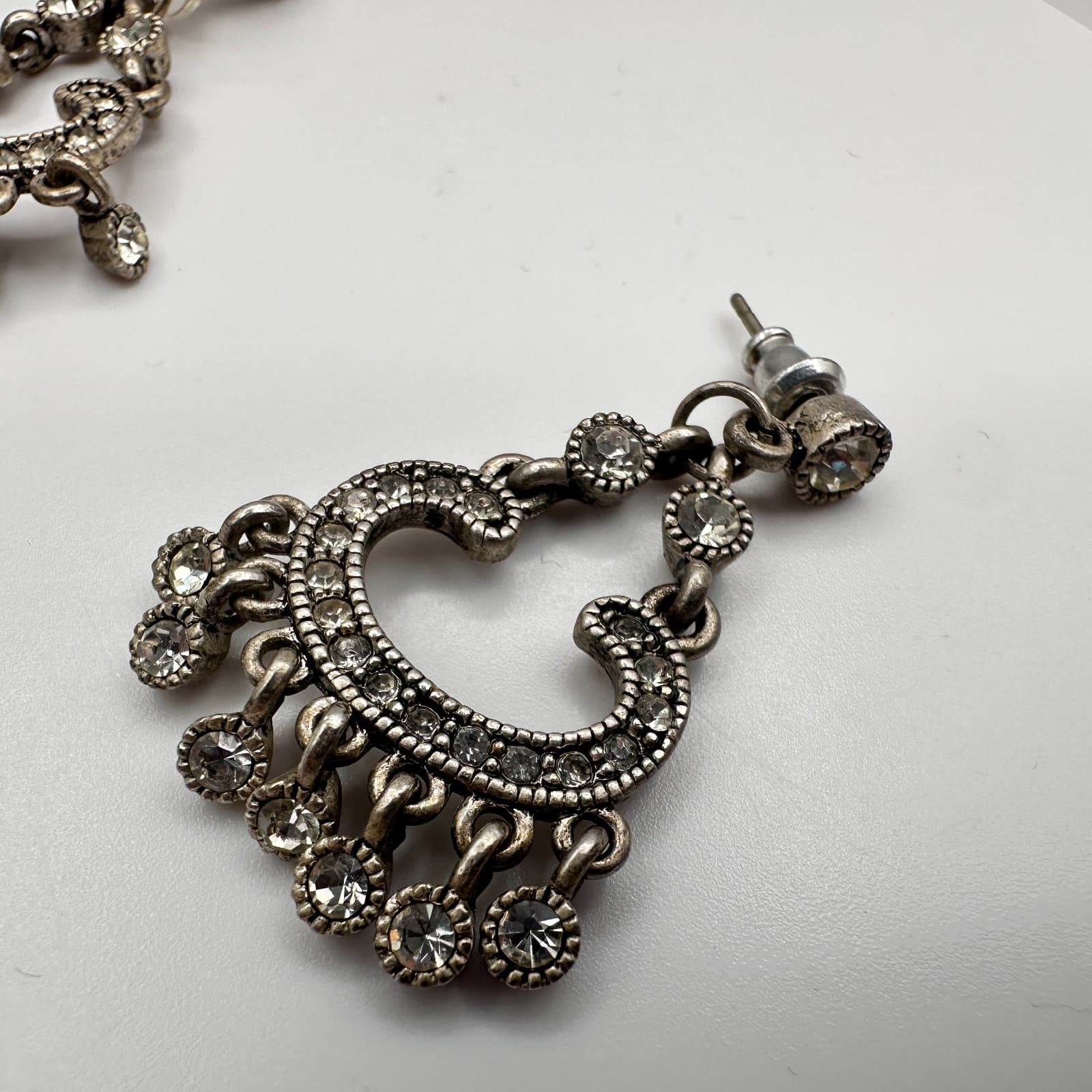 Vintage 80s Silver Tone Chand Dangle Drop Earrings Rhinestone Jewelry - Thumbnail 5