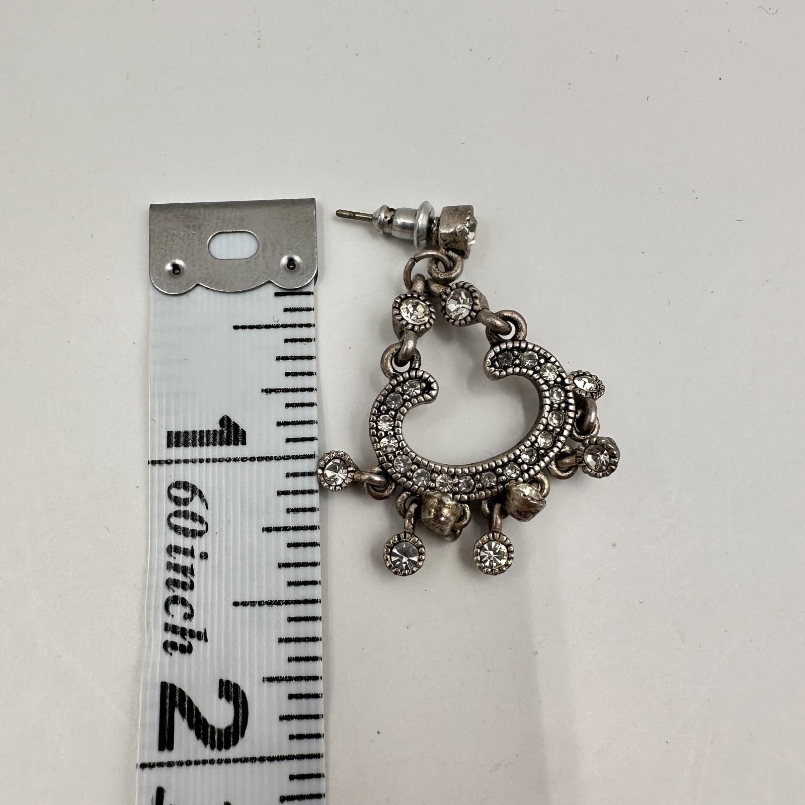 Vintage 80s Silver Tone Chand Dangle Drop Earrings Rhinestone Jewelry - Thumbnail 6