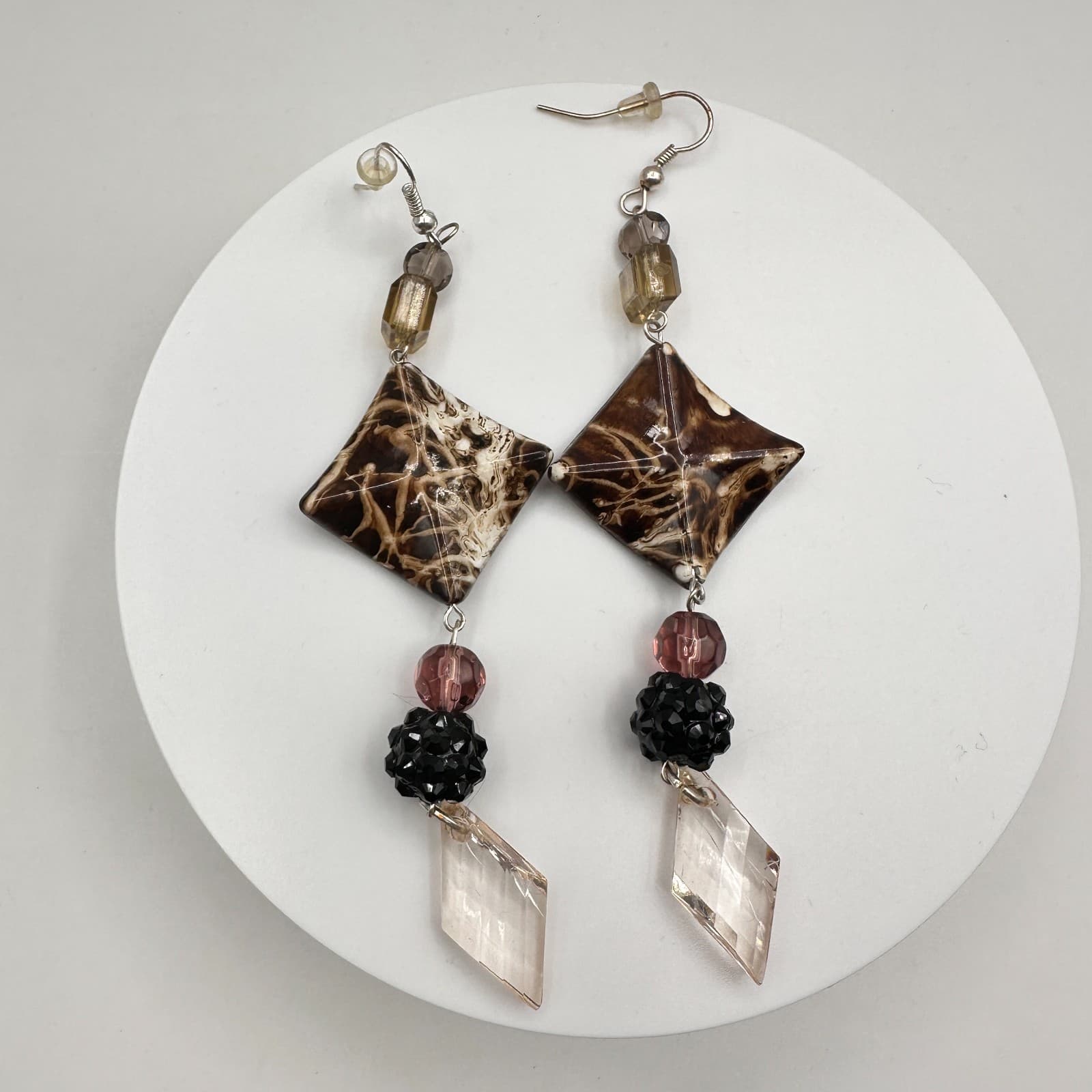 Vintage 90s Geometric Brown Black Crystal Dangle Drop Earring Hook Woman Jewelry - Image 1