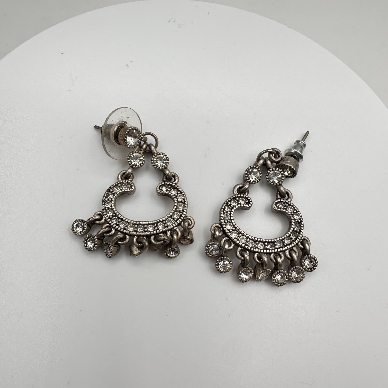Vintage 80s Silver Tone Chand Dangle Drop Earrings Rhinestone Jewelry - Image 1