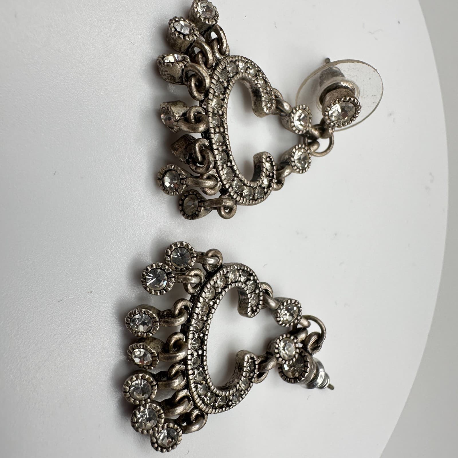 Vintage 80s Silver Tone Chand Dangle Drop Earrings Rhinestone Jewelry - Thumbnail 3
