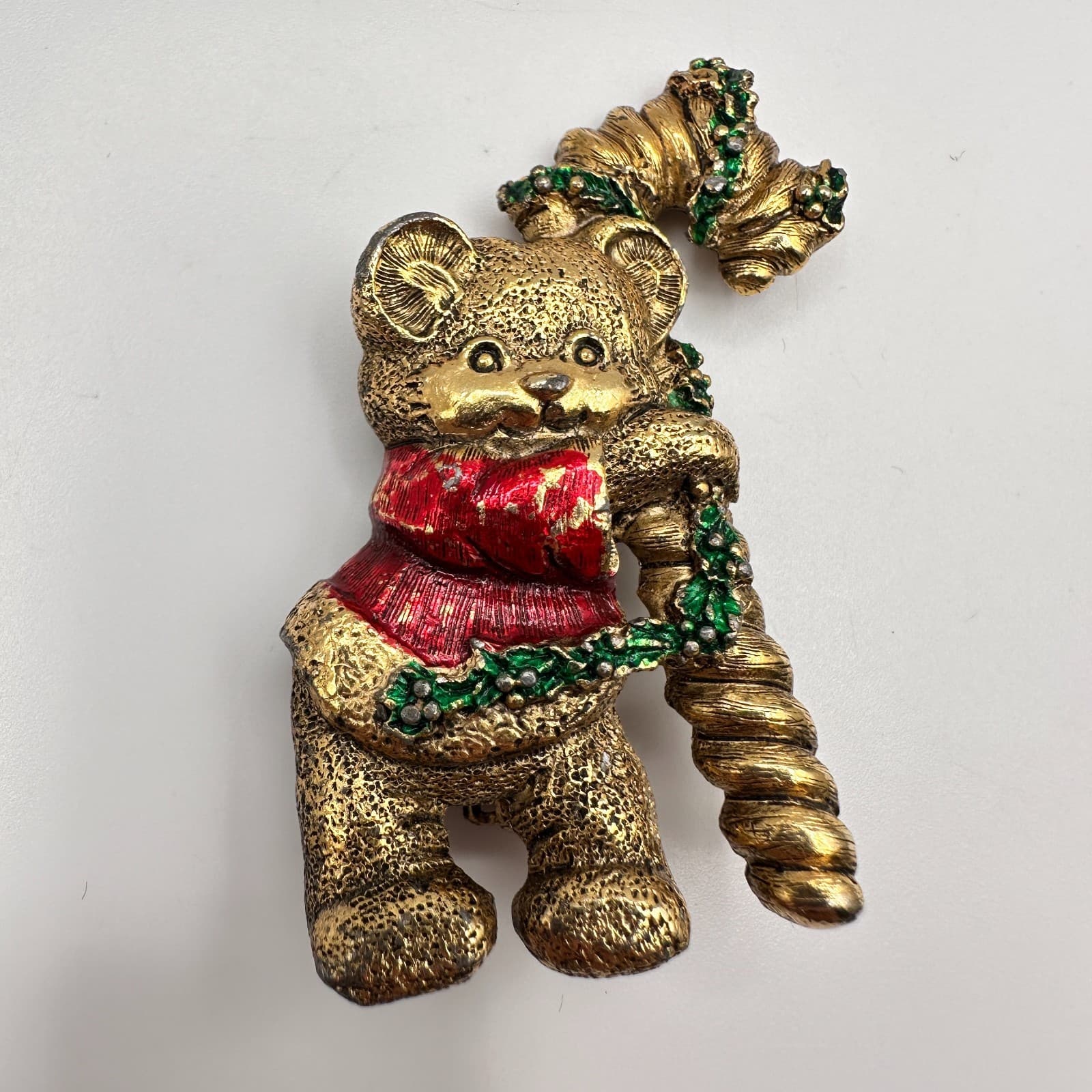 Vintage 90s Christmas Teddy Bear Brooch Pin Gold Tone Enamel Classic Jewelry - Image 1