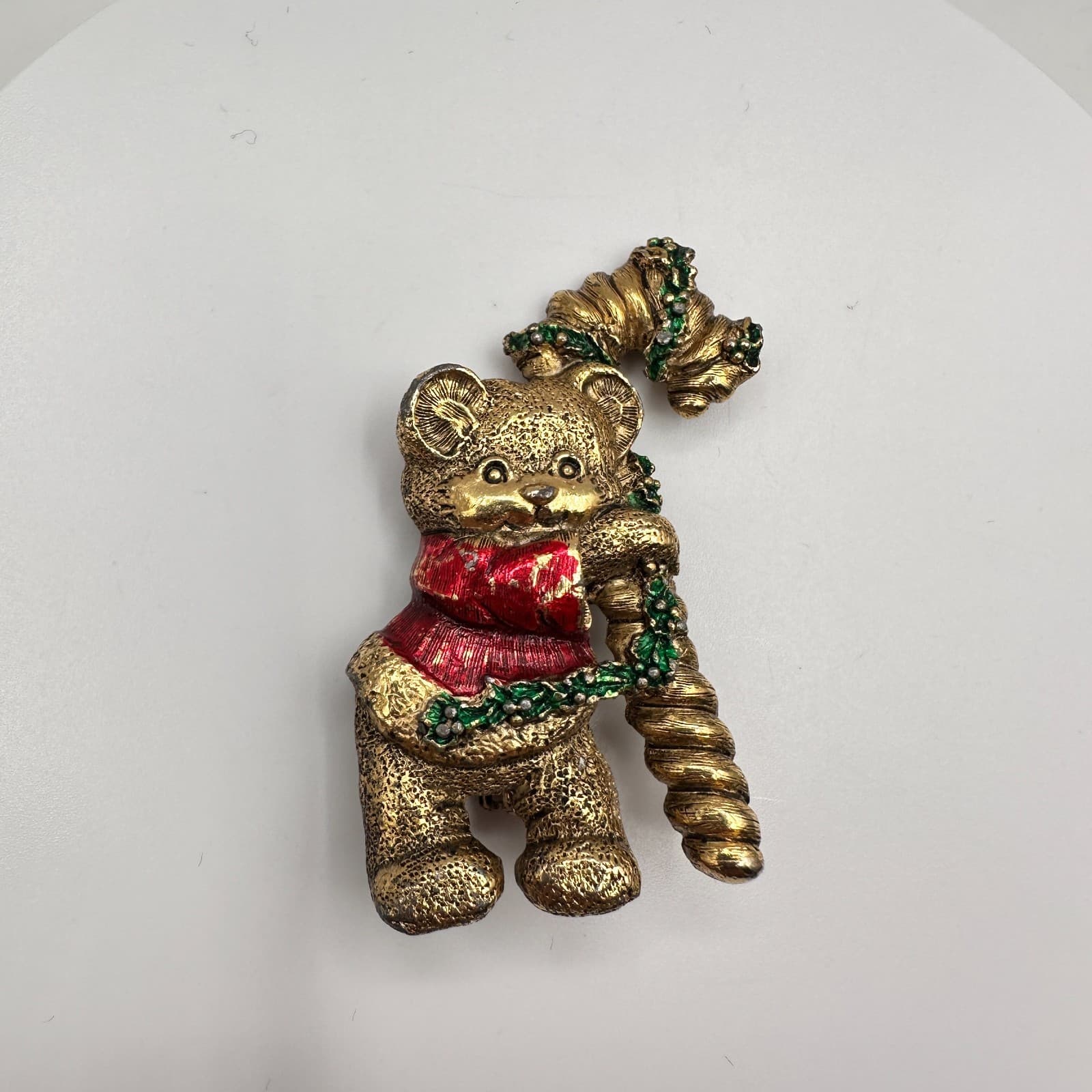 Vintage 90s Christmas Teddy Bear Brooch Pin Gold Tone Enamel Classic Jewelry - Thumbnail 2