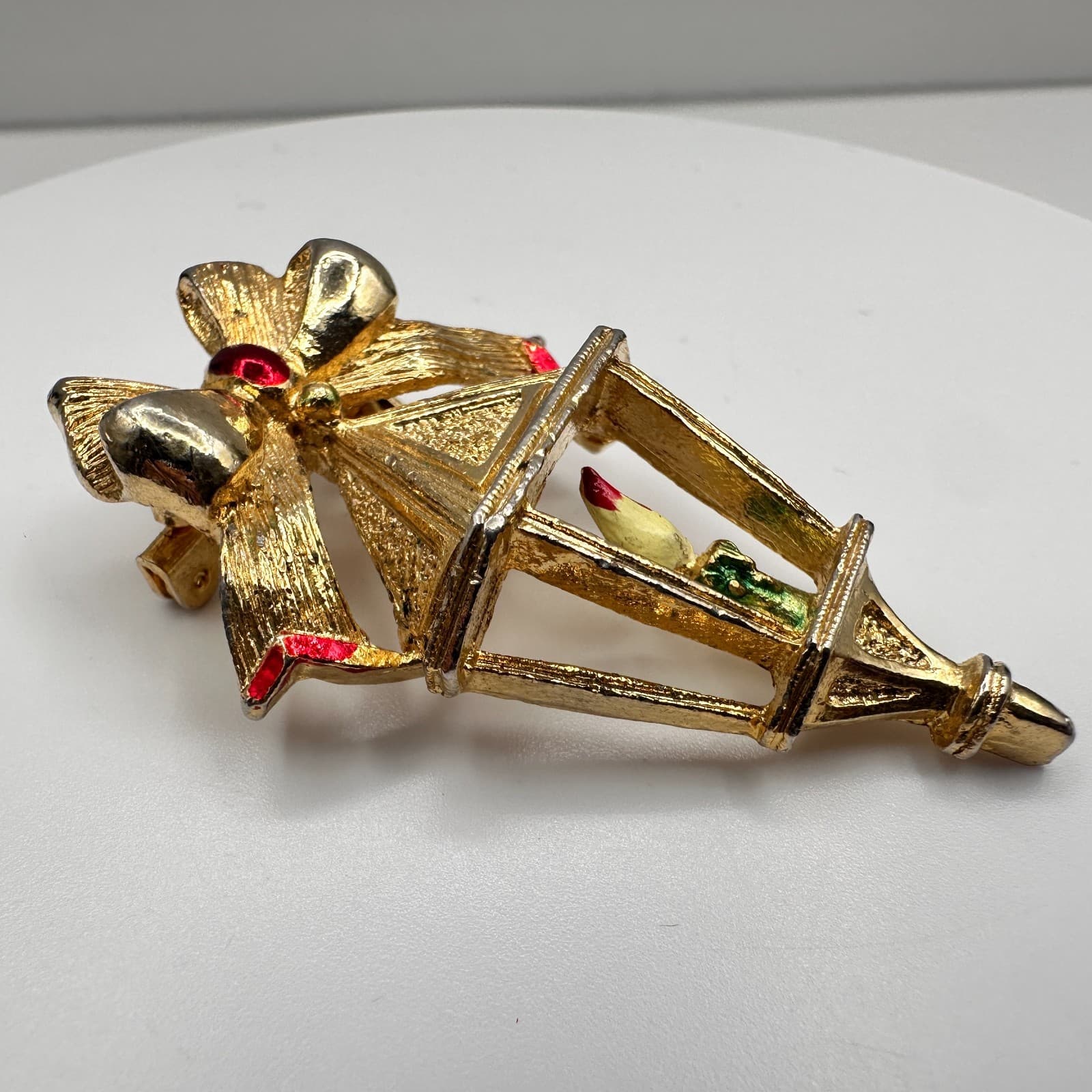 Vintage 80s 90s Gerry's Christmas Candle Lantern Brooch Pin Gold Tone Jewelry - Thumbnail 5