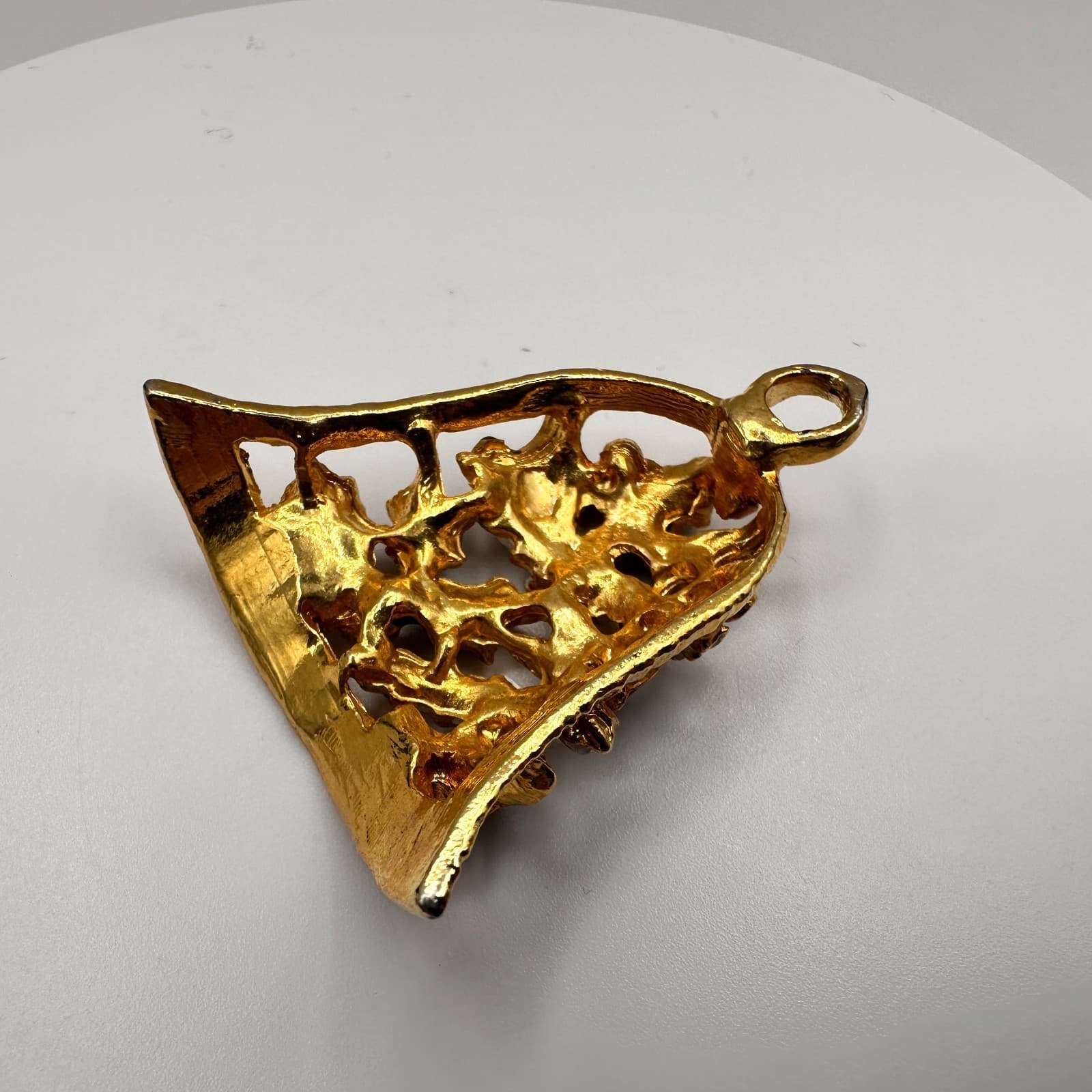 Vintage 80s Christmas Bell Pendant Gold Tone Holly Leaf Enamel Red Stone Jewelry - Thumbnail 5