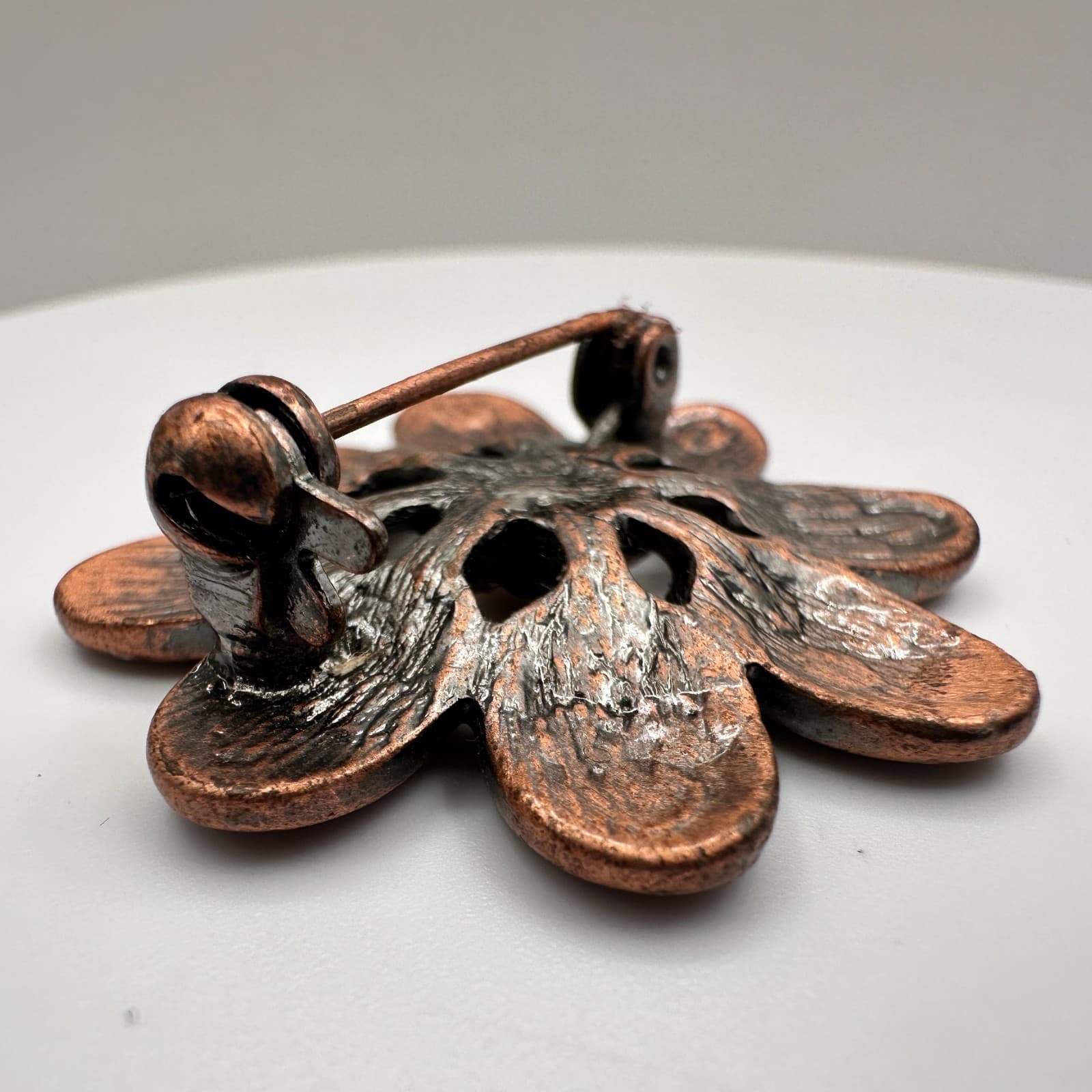 Vintage 80s Copper Toned Flower Brooch Pin Dark Amber Rhinestone Crystal Jewelry - Thumbnail 8