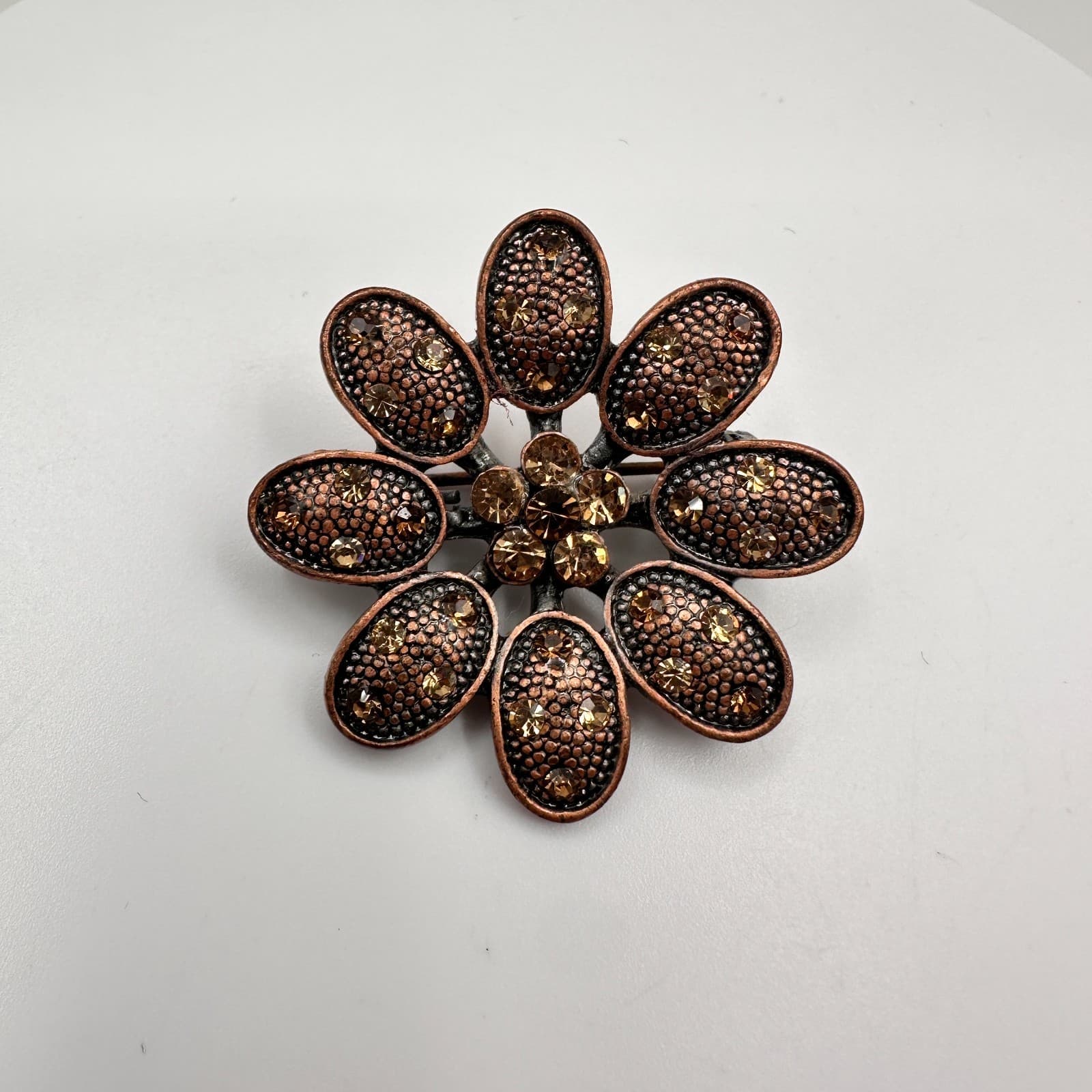 Vintage 80s Copper Toned Flower Brooch Pin Dark Amber Rhinestone Crystal Jewelry - Thumbnail 2