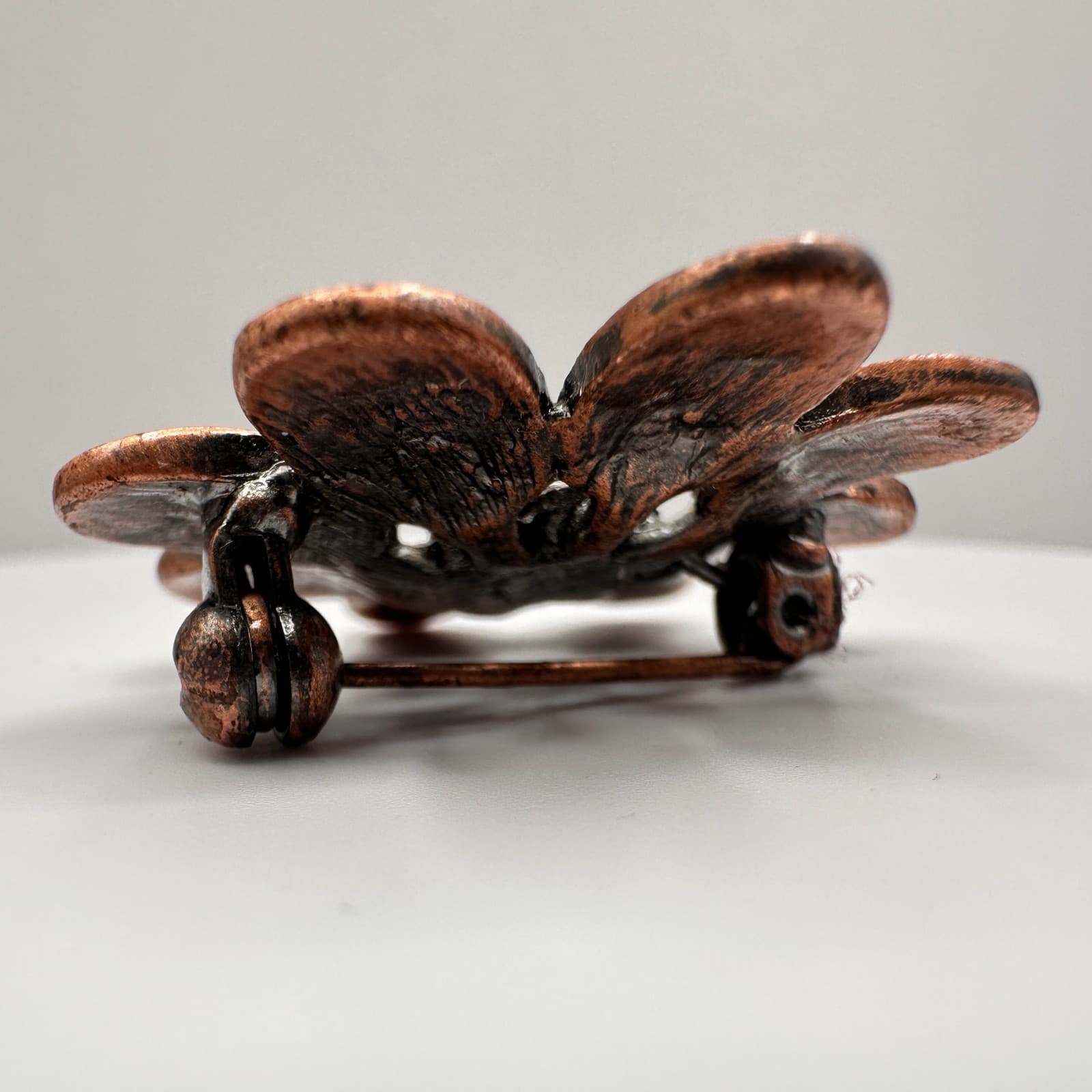 Vintage 80s Copper Toned Flower Brooch Pin Dark Amber Rhinestone Crystal Jewelry - Thumbnail 7