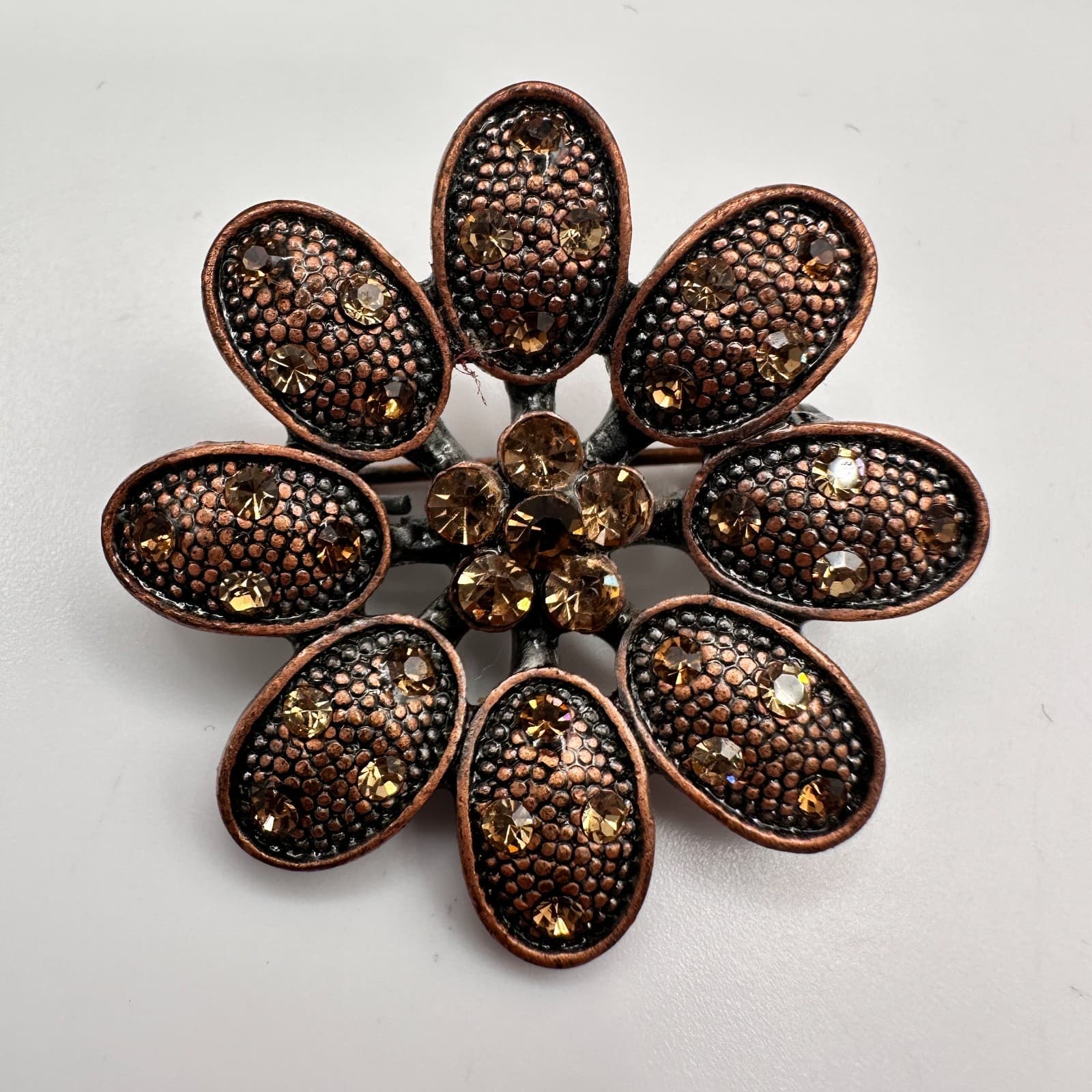 Vintage 80s Copper Toned Flower Brooch Pin Dark Amber Rhinestone Crystal Jewelry - Thumbnail 3