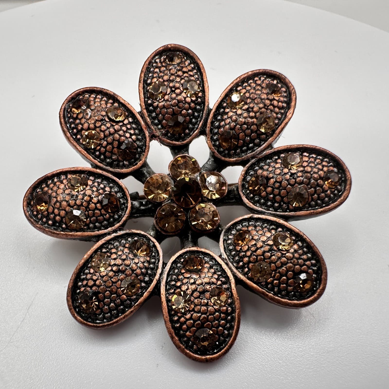 Vintage 80s Copper Toned Flower Brooch Pin Dark Amber Rhinestone Crystal Jewelry - Thumbnail 5
