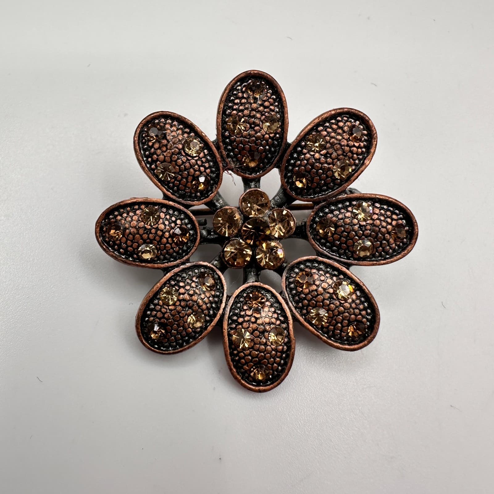 Vintage 80s Copper Toned Flower Brooch Pin Dark Amber Rhinestone Crystal Jewelry - Image 1