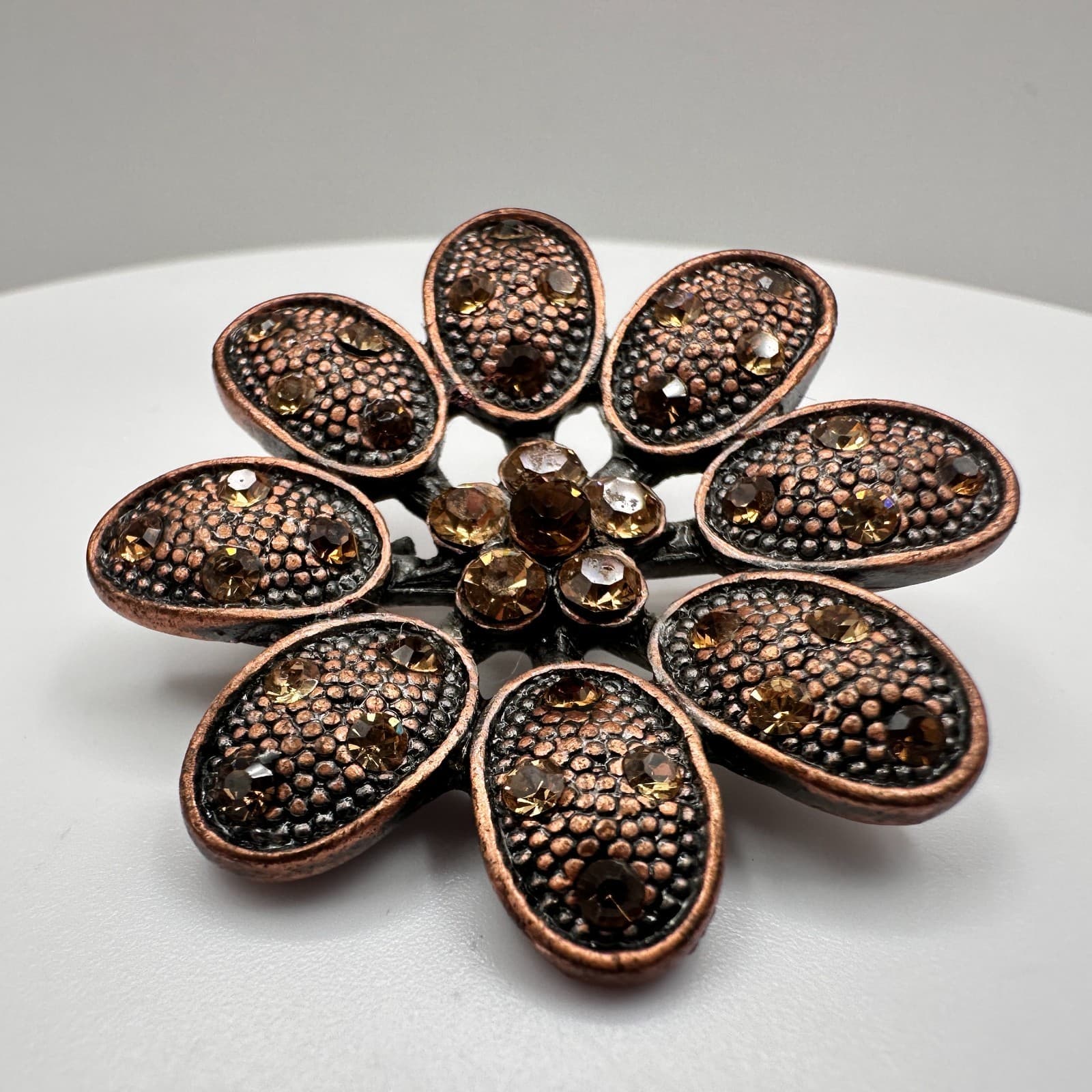 Vintage 80s Copper Toned Flower Brooch Pin Dark Amber Rhinestone Crystal Jewelry - Thumbnail 4