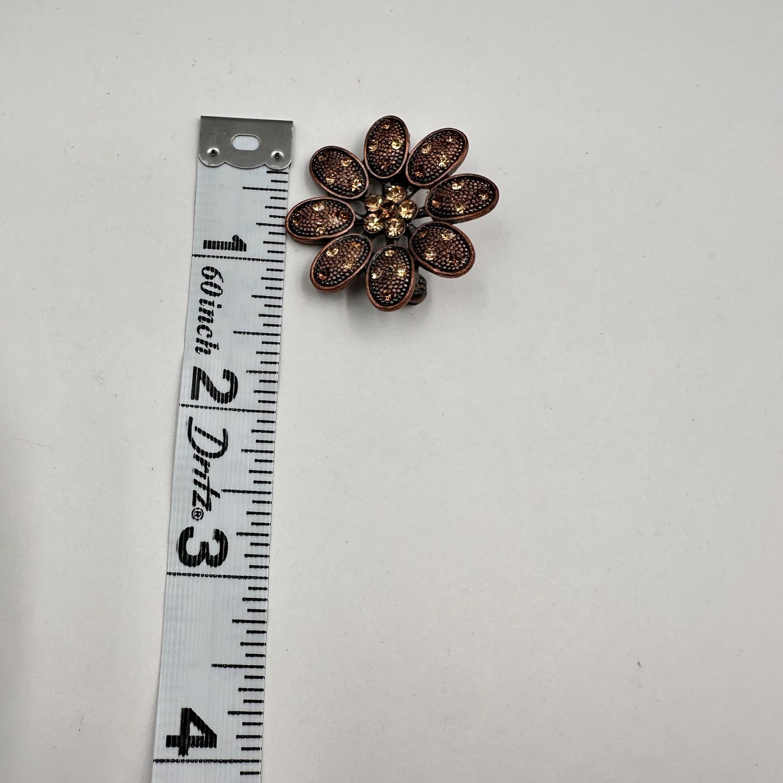 Vintage 80s Copper Toned Flower Brooch Pin Dark Amber Rhinestone Crystal Jewelry - Thumbnail 9