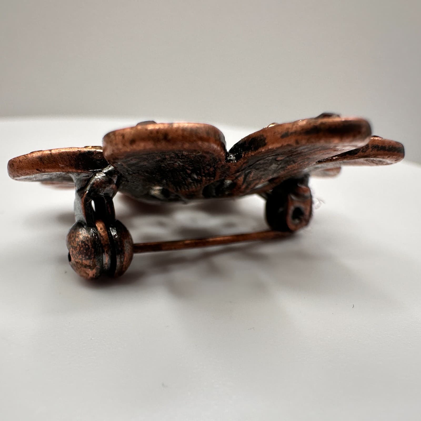 Vintage 80s Copper Toned Flower Brooch Pin Dark Amber Rhinestone Crystal Jewelry - Thumbnail 6