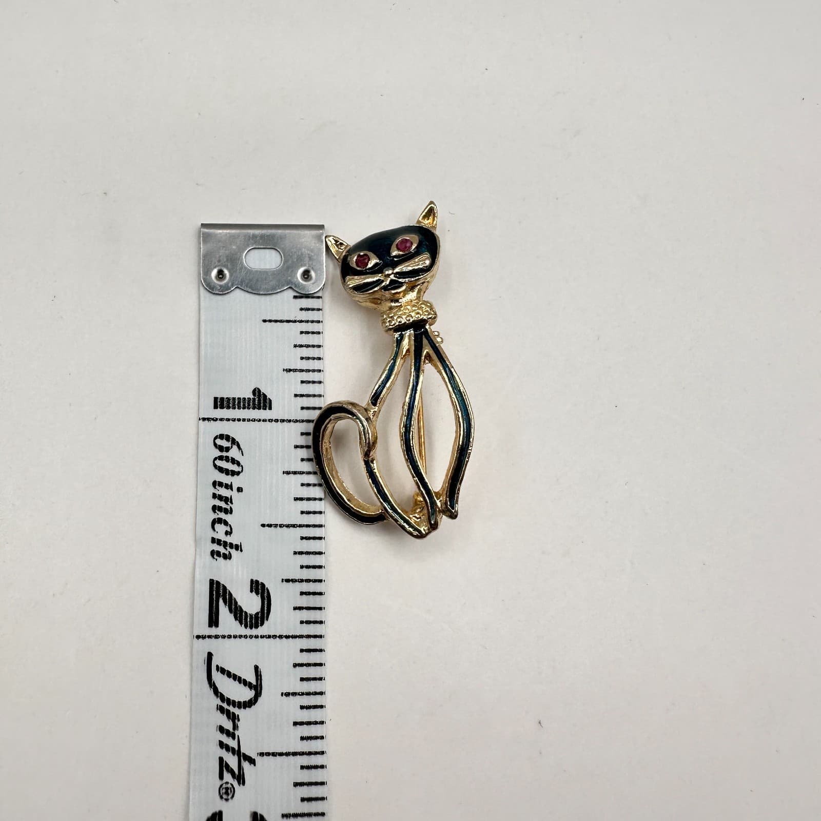Vintage 80s Black Cat Brooch Gold Tone Red Ruby Eyes Century Modern Pin Jewelry - Thumbnail 7