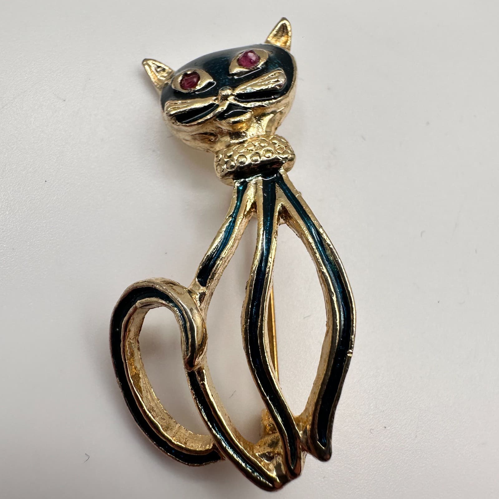 Vintage 80s Black Cat Brooch Gold Tone Red Ruby Eyes Century Modern Pin Jewelry - Thumbnail 3