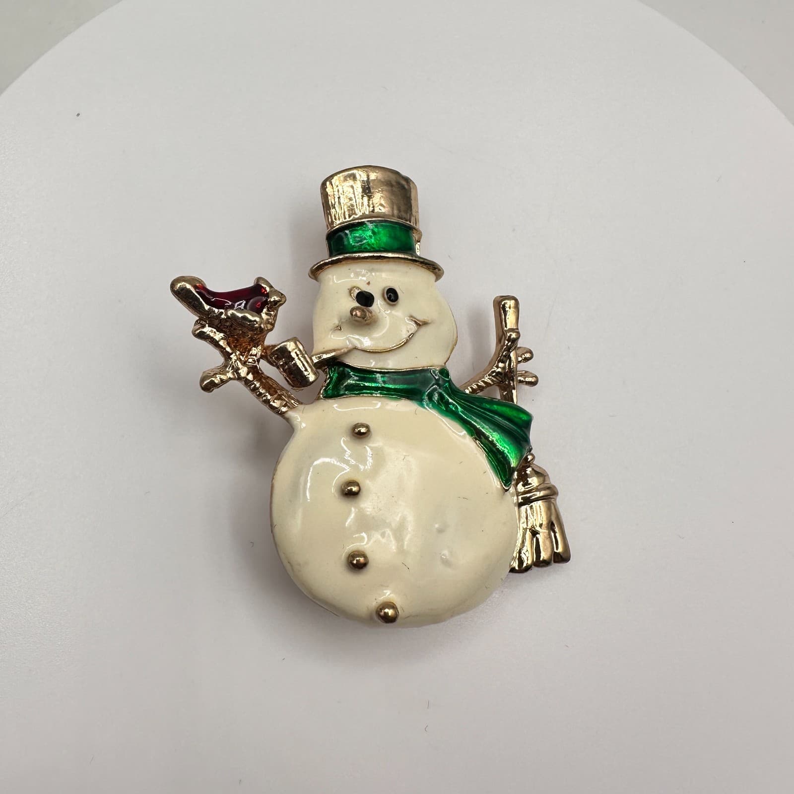 Vintage 80s Christmas Snowman Brooch Enamel Gold Tone Holiday Jewelry Broom Hat - Image 1