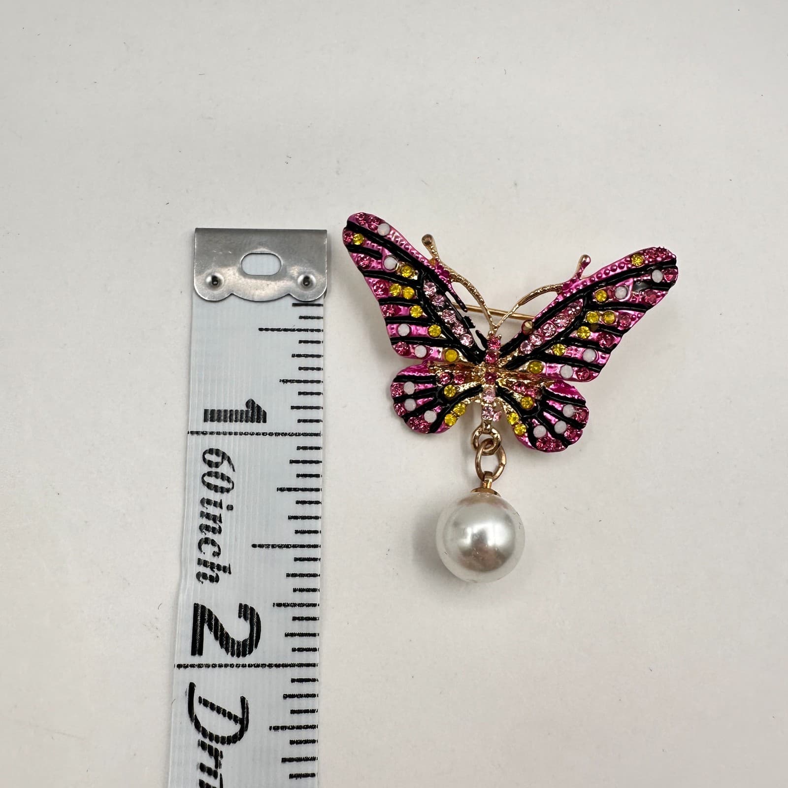 Vintage 80s Pink Butterfly Brooch Faux Pearl Dangle Rhinestone Crystal Jewelry - Thumbnail 8