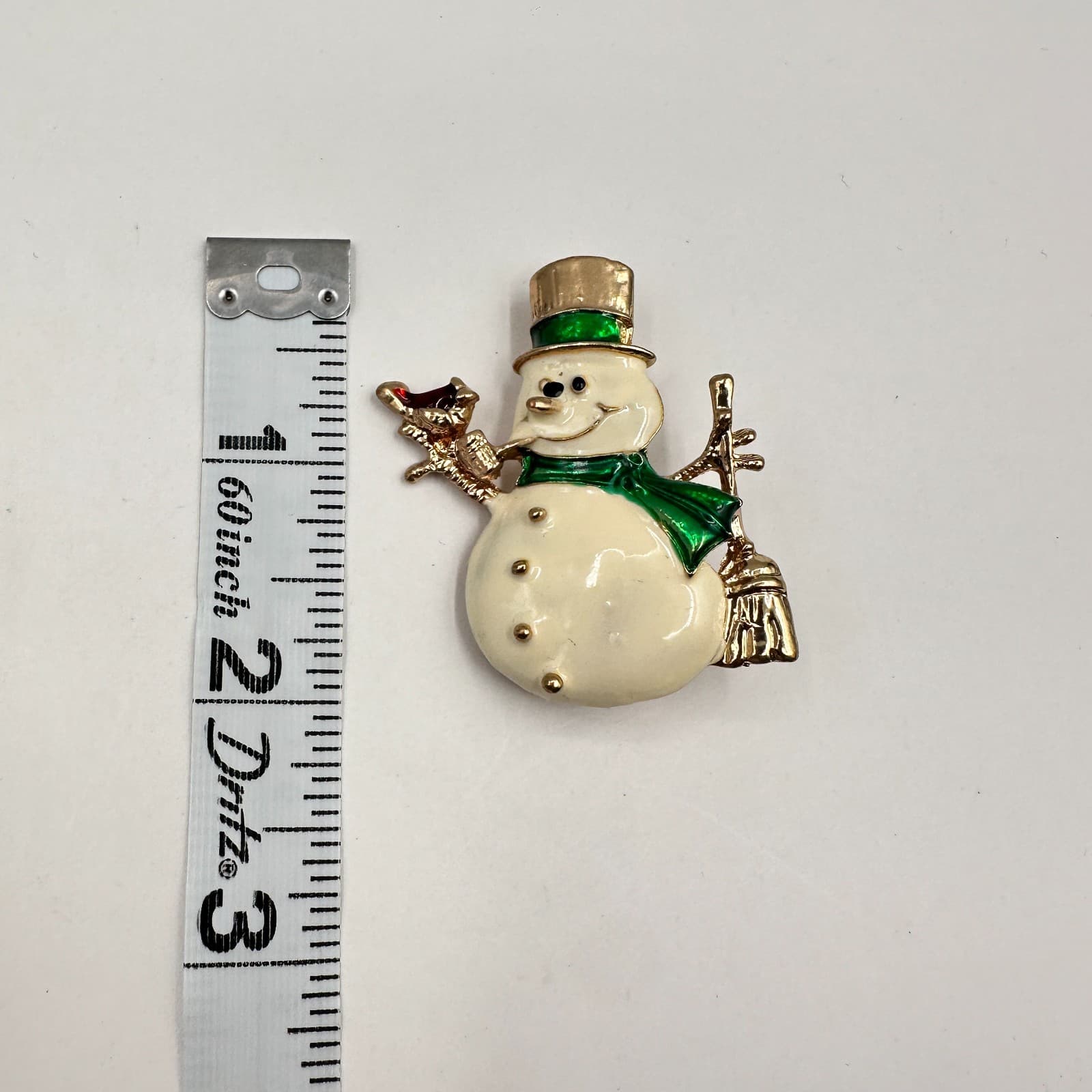 Vintage 80s Christmas Snowman Brooch Enamel Gold Tone Holiday Jewelry Broom Hat - Thumbnail 7