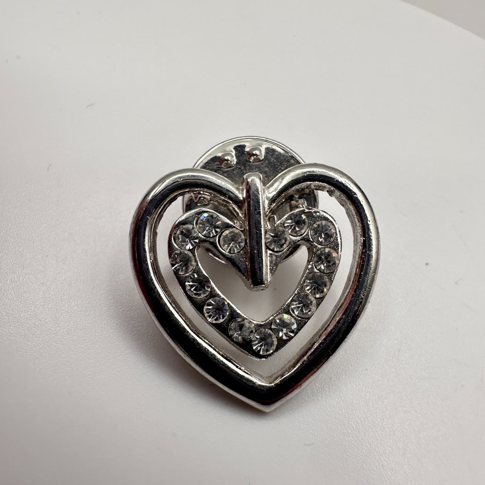 Vintage 80s Silver Tone Double Heart Pin Brooch Clear Rhinestone Crystal Jewelry - Thumbnail 6