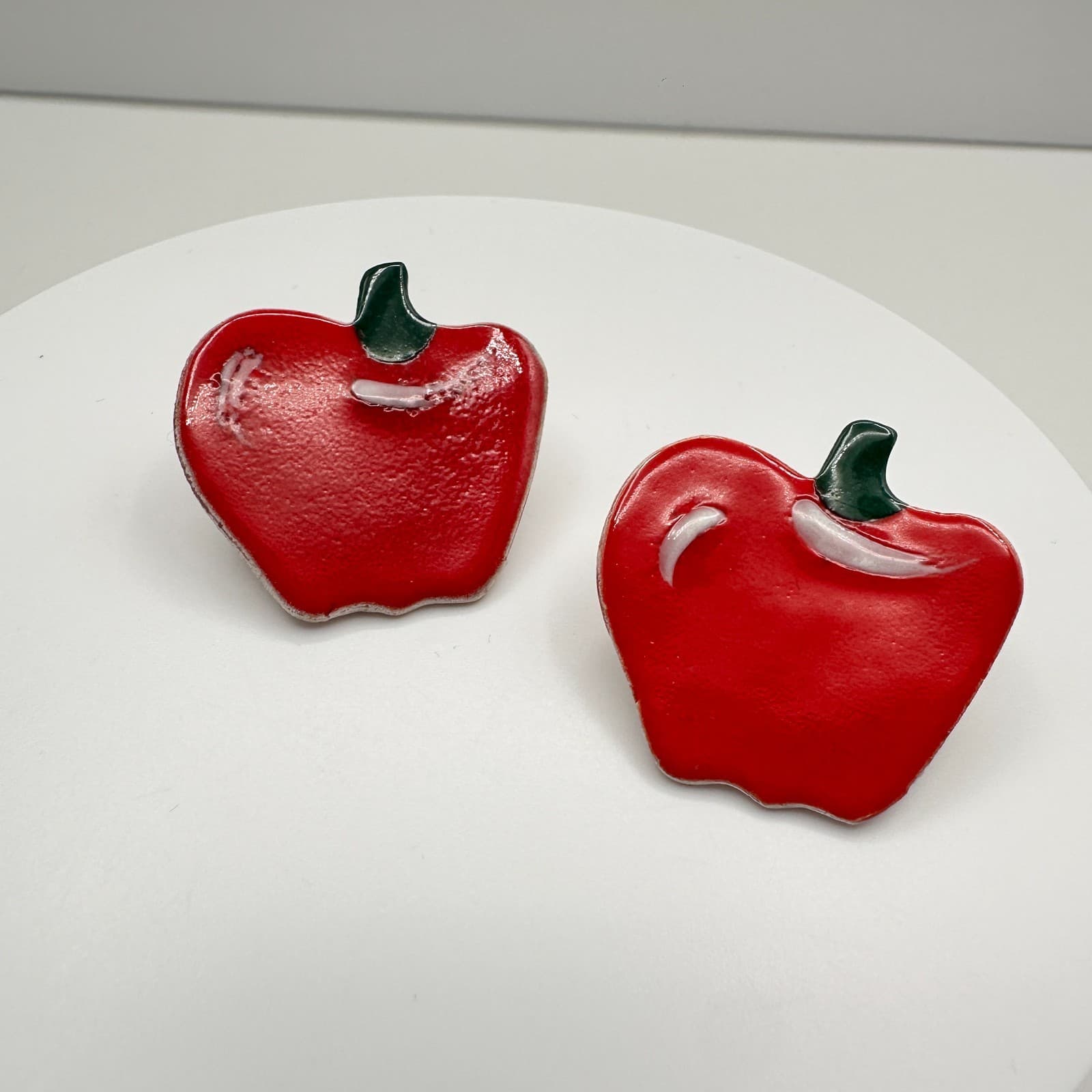 Vintage 90s Red Enamel Apple Earrings Green Leaf Flush Ceramics Fruit Jewelry - Image 1