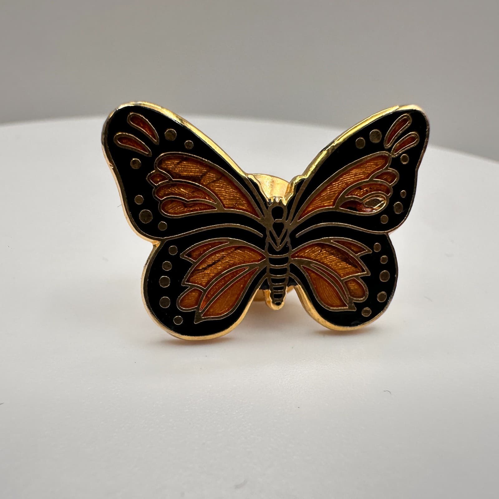 Vintage 90s Black Orange Enamel Butterfly Brooch Pin Gold Tone Insect Jewelry - Image 1