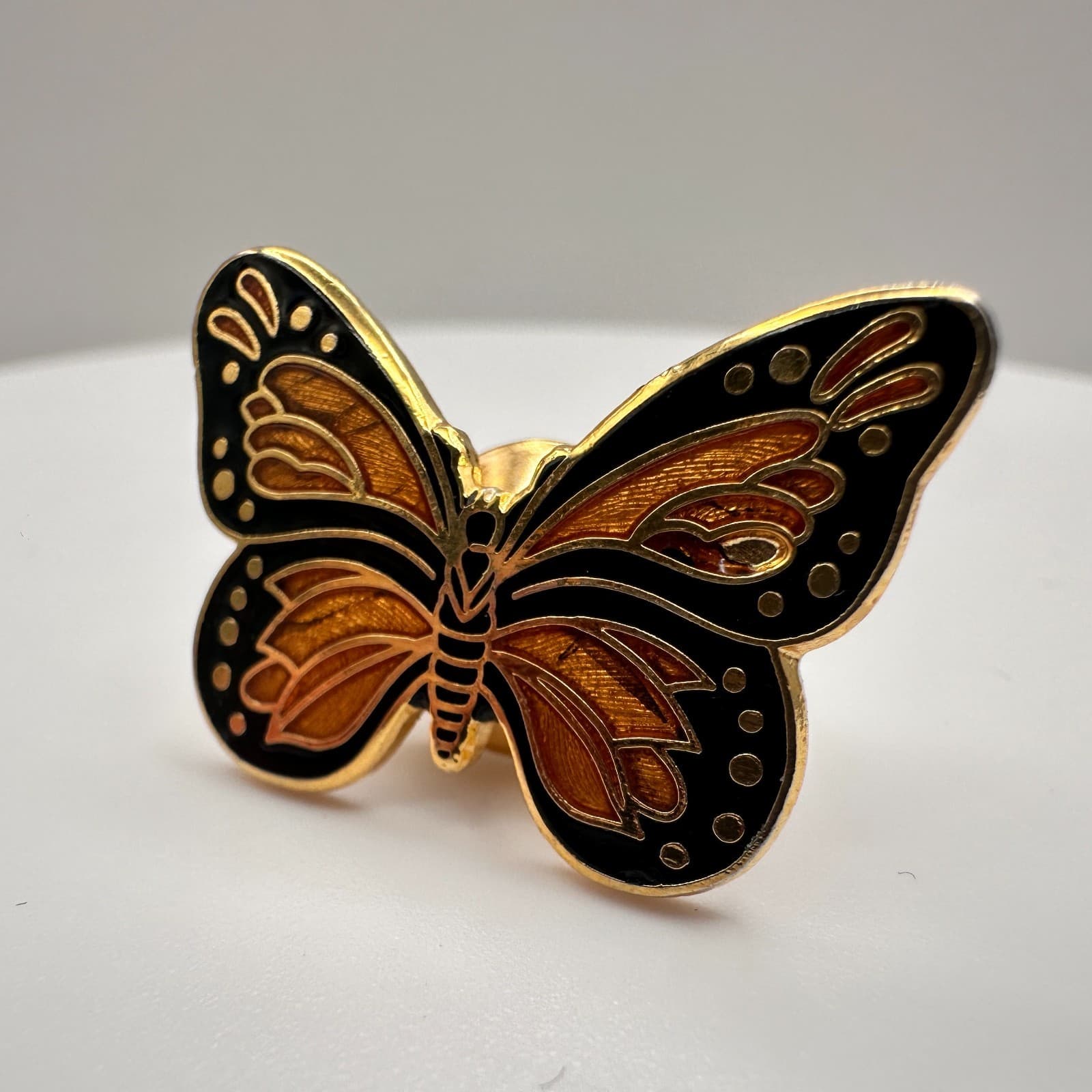 Vintage 90s Black Orange Enamel Butterfly Brooch Pin Gold Tone Insect Jewelry - Thumbnail 3