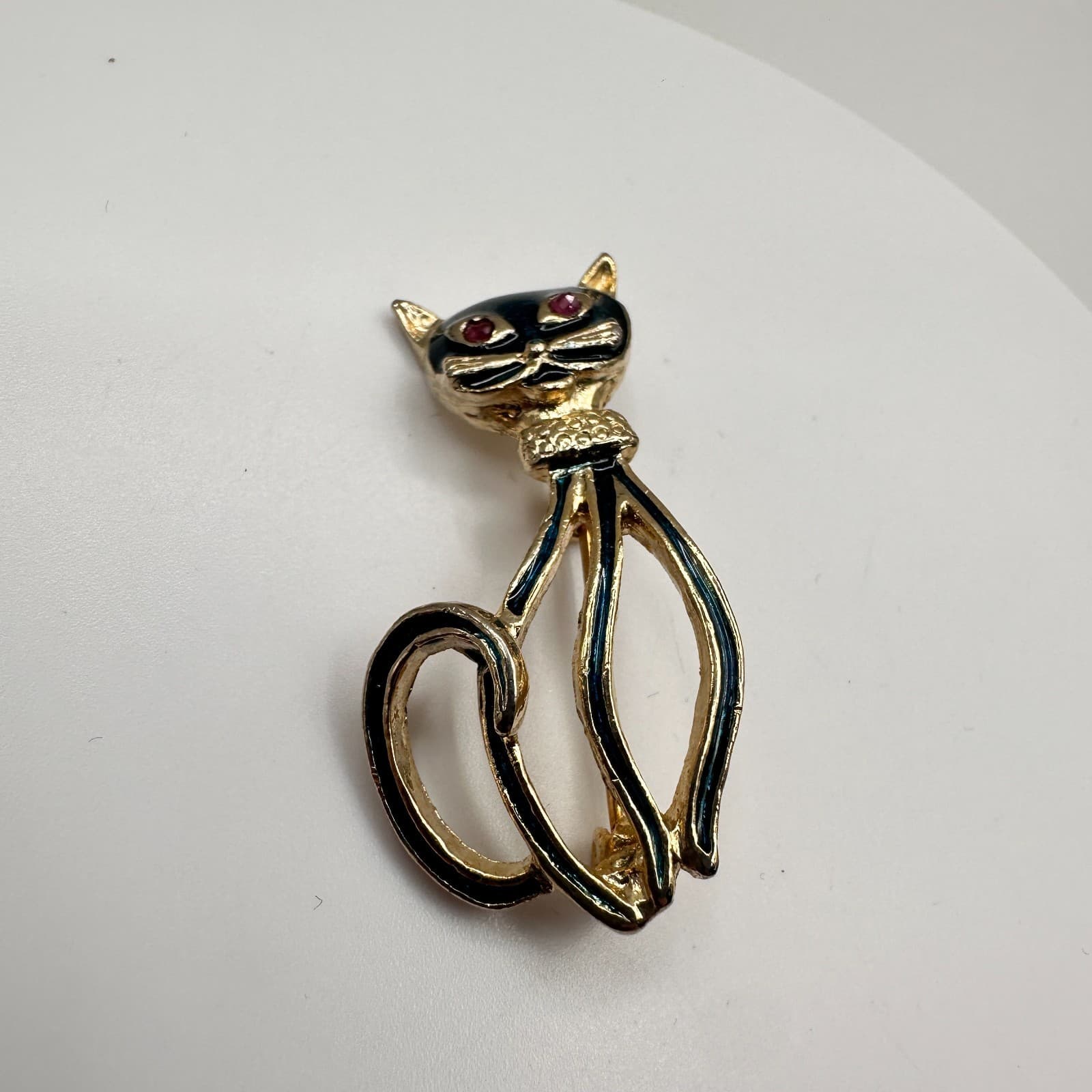 Vintage 80s Black Cat Brooch Gold Tone Red Ruby Eyes Century Modern Pin Jewelry - Thumbnail 2