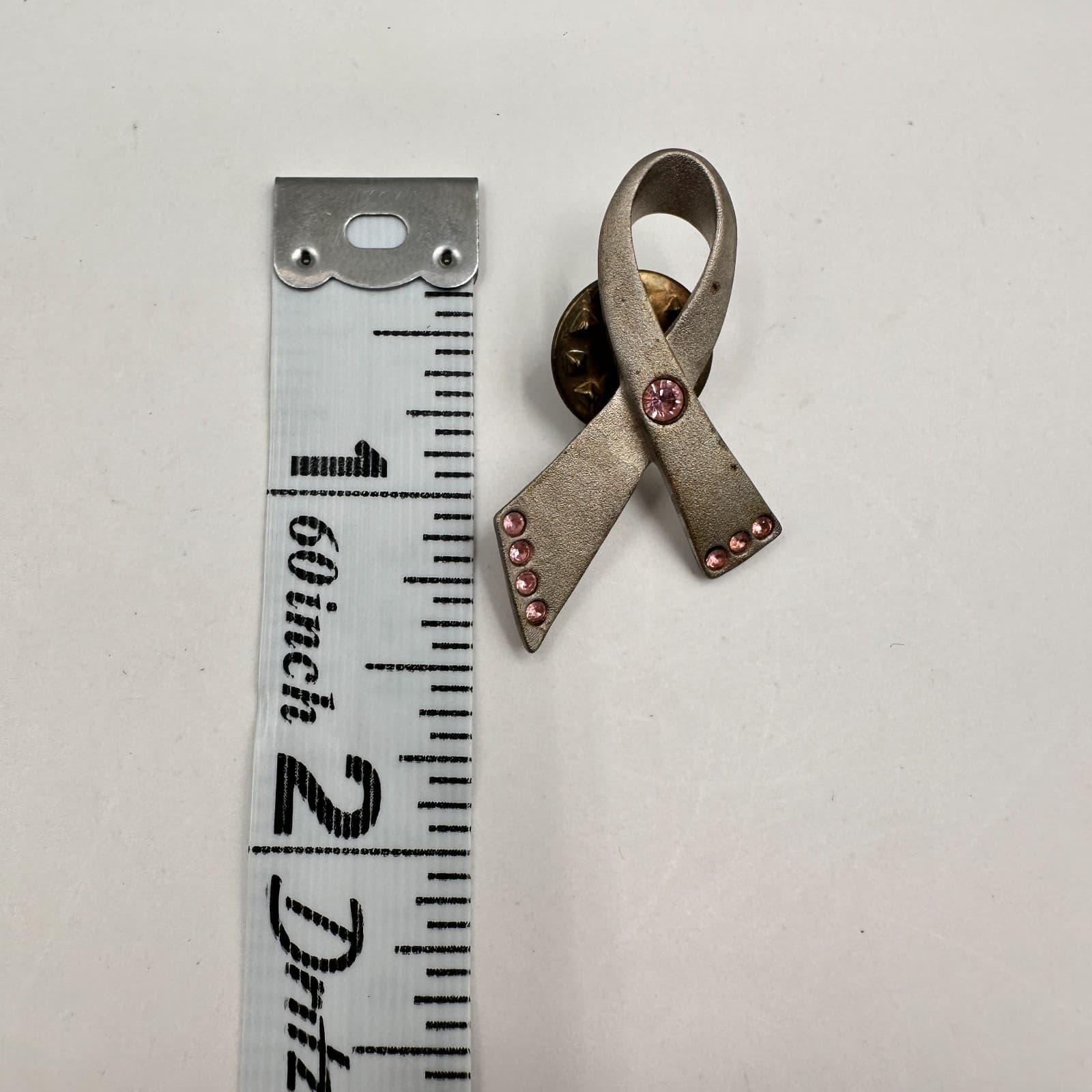 Vintage 80s Cancer Awareness Ribbon Pin Brooch Rhinestone Silver Tone Jewelry - Thumbnail 8
