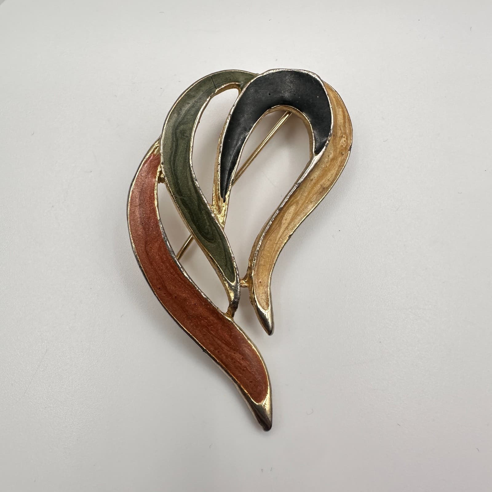 Vintage 80s Enamel Abstract Brooch Pin Brown Green Black Swirl Gold Tone Jewelry - Image 1