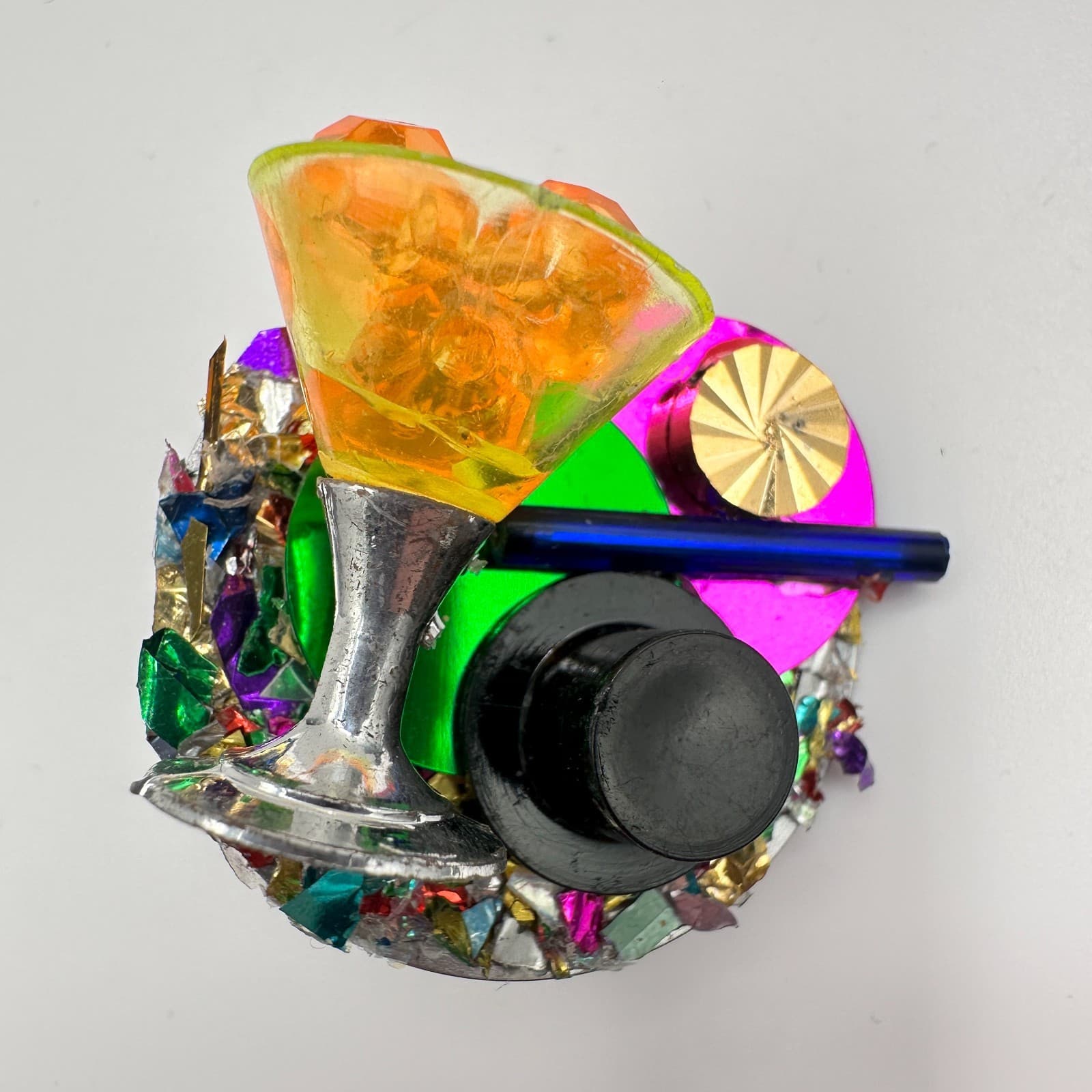 Vintage 90s Avant Garde Cocktail Martini Brooch Silver Tone Multi Colour Jewelry - Thumbnail 2