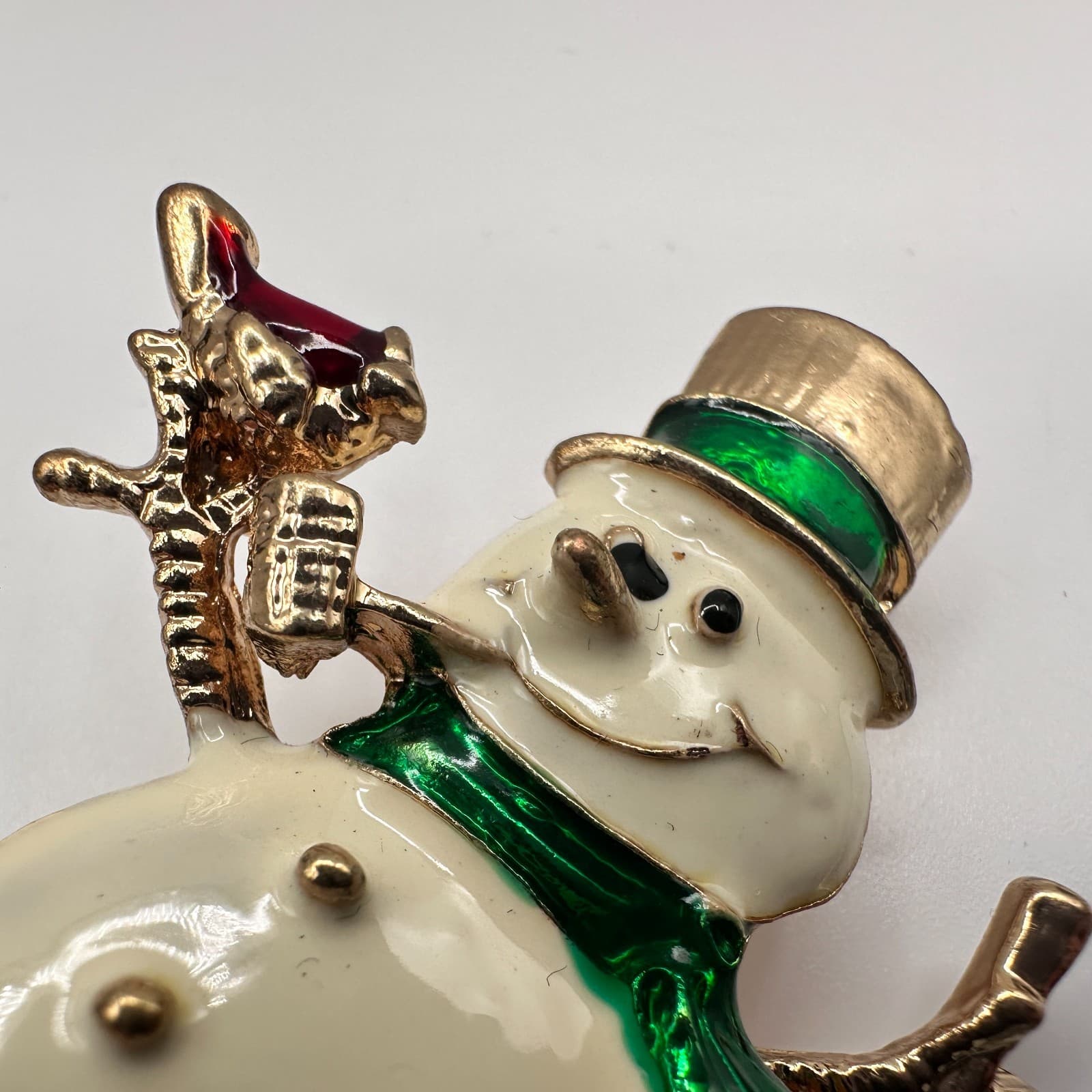 Vintage 80s Christmas Snowman Brooch Enamel Gold Tone Holiday Jewelry Broom Hat - Thumbnail 4
