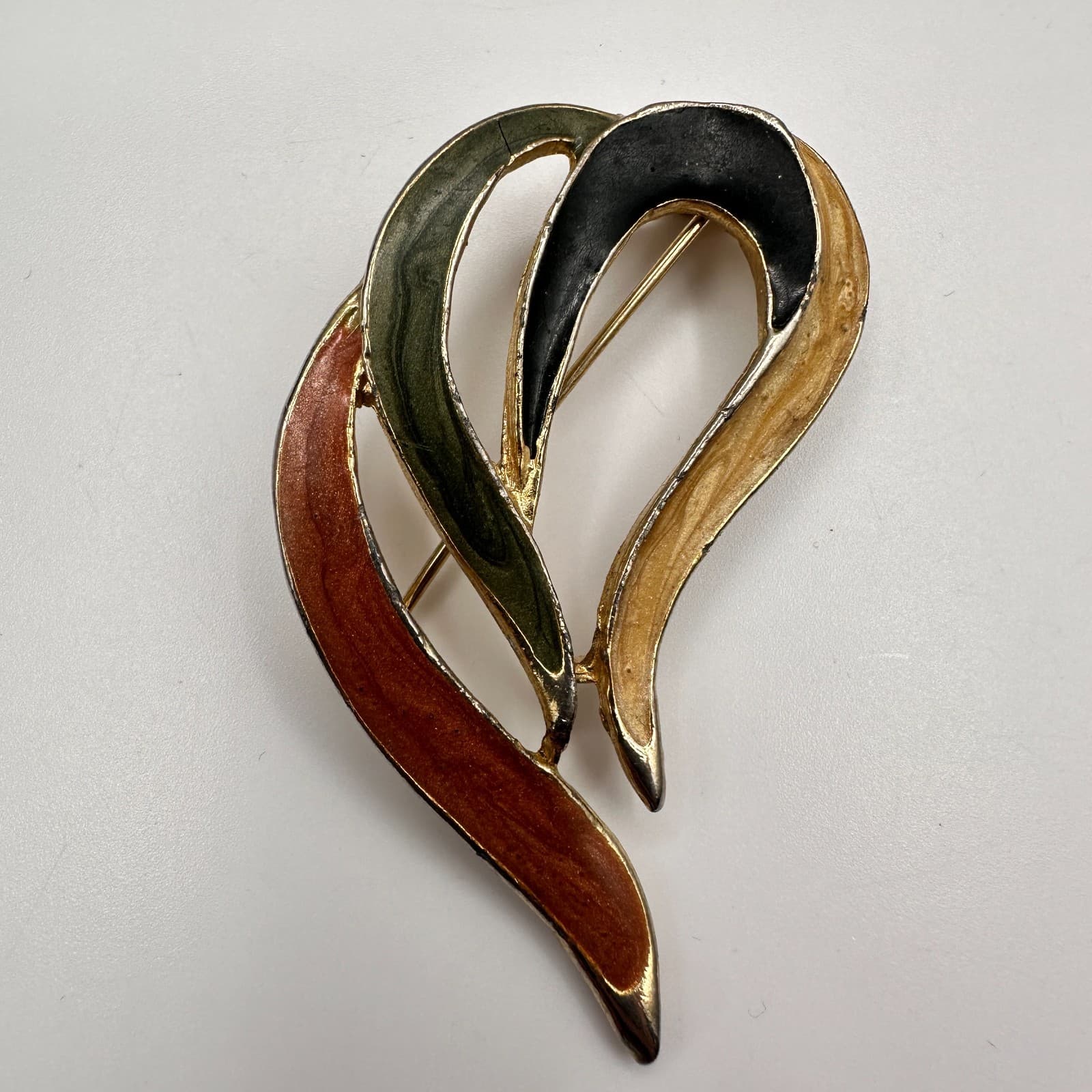 Vintage 80s Enamel Abstract Brooch Pin Brown Green Black Swirl Gold Tone Jewelry - Thumbnail 2