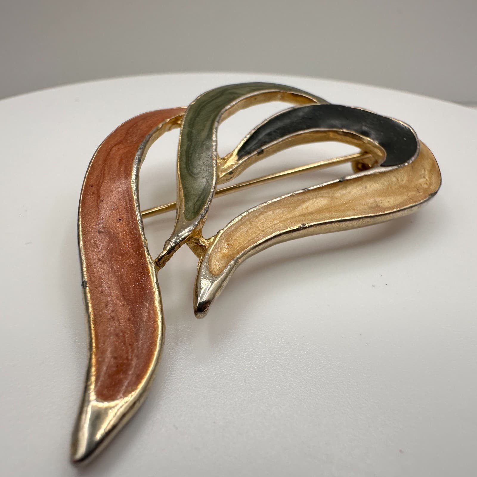 Vintage 80s Enamel Abstract Brooch Pin Brown Green Black Swirl Gold Tone Jewelry - Thumbnail 3