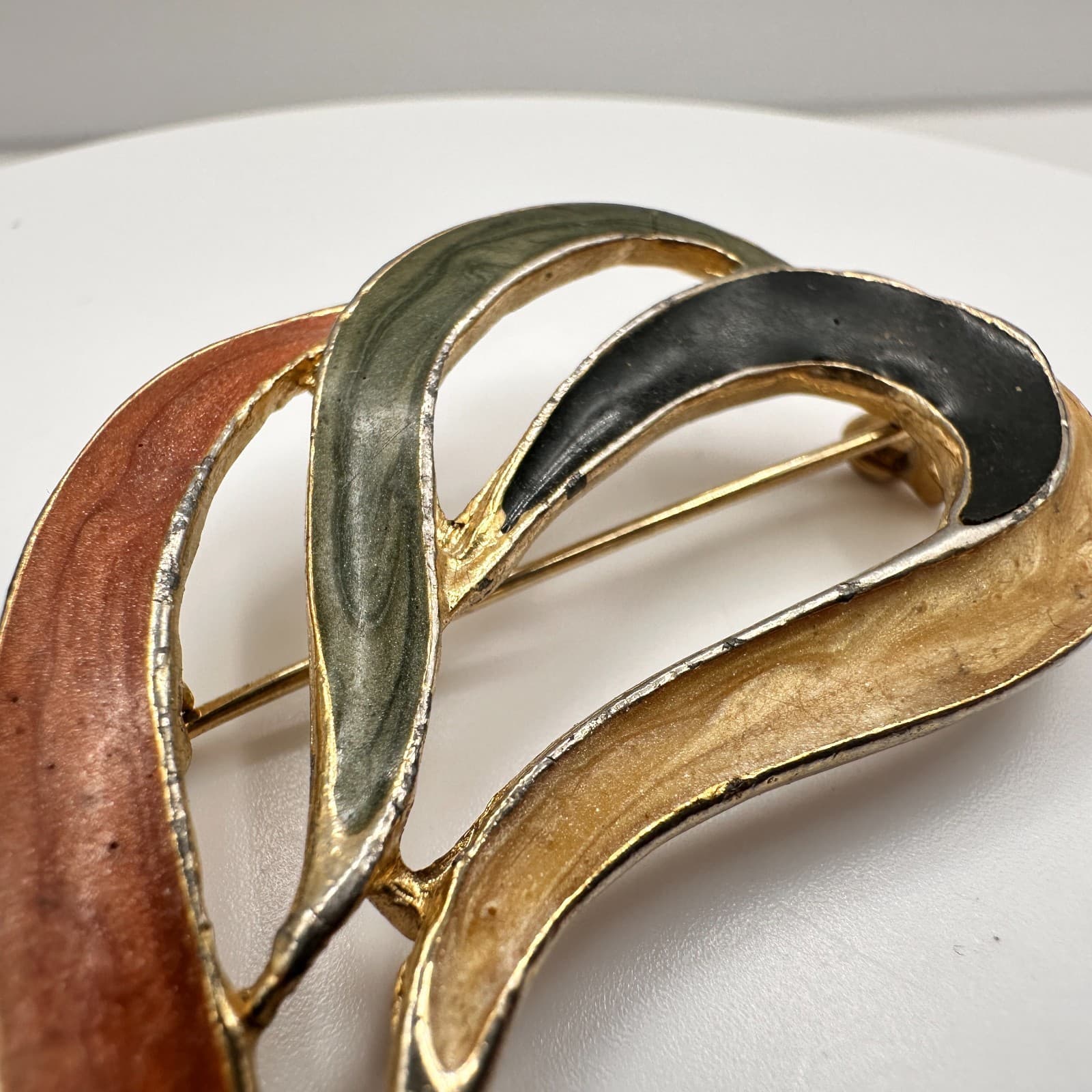 Vintage 80s Enamel Abstract Brooch Pin Brown Green Black Swirl Gold Tone Jewelry - Thumbnail 4