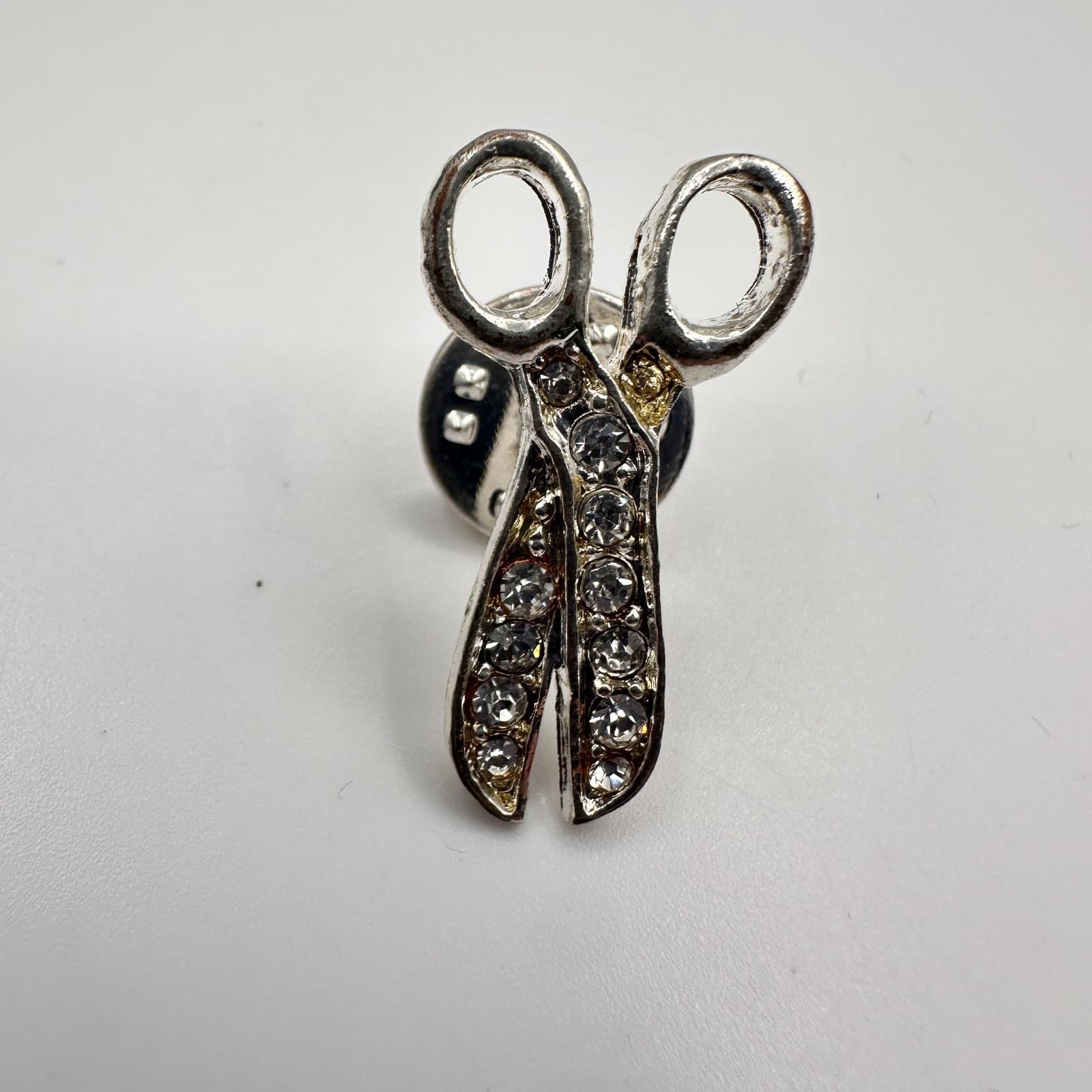 Vintage 90s Rhinestone Scissor Brooch Pin Silver Tone Crystal Sewer Hair Jewelry - Image 1