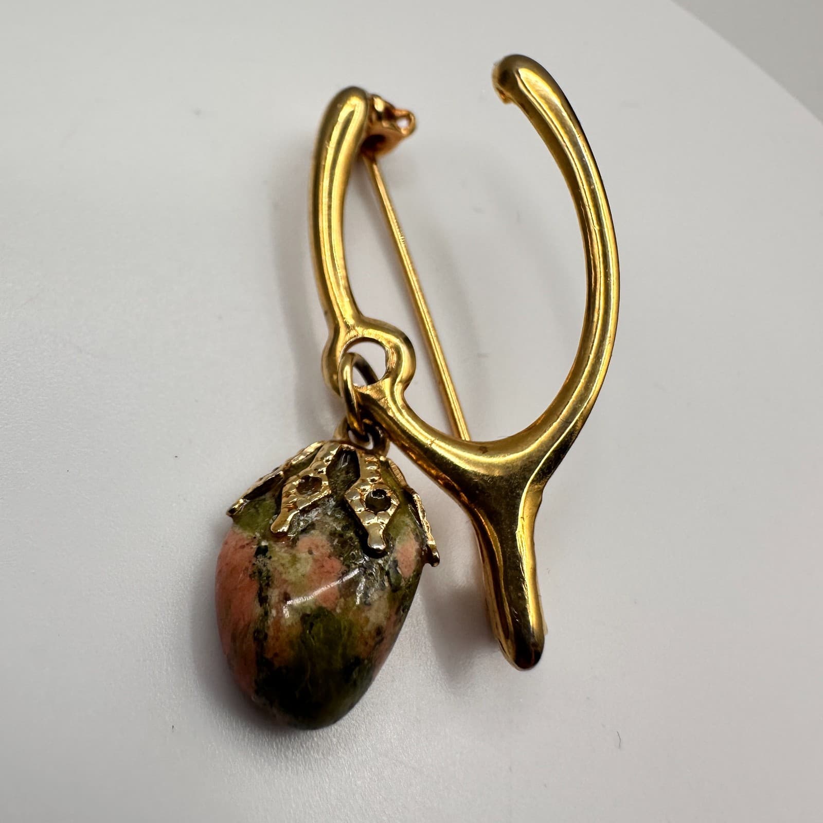 Vintage 80s Gold Tone Wishbone Brooch Dangled Pink Green Natural Stone Jewelry - Thumbnail 2