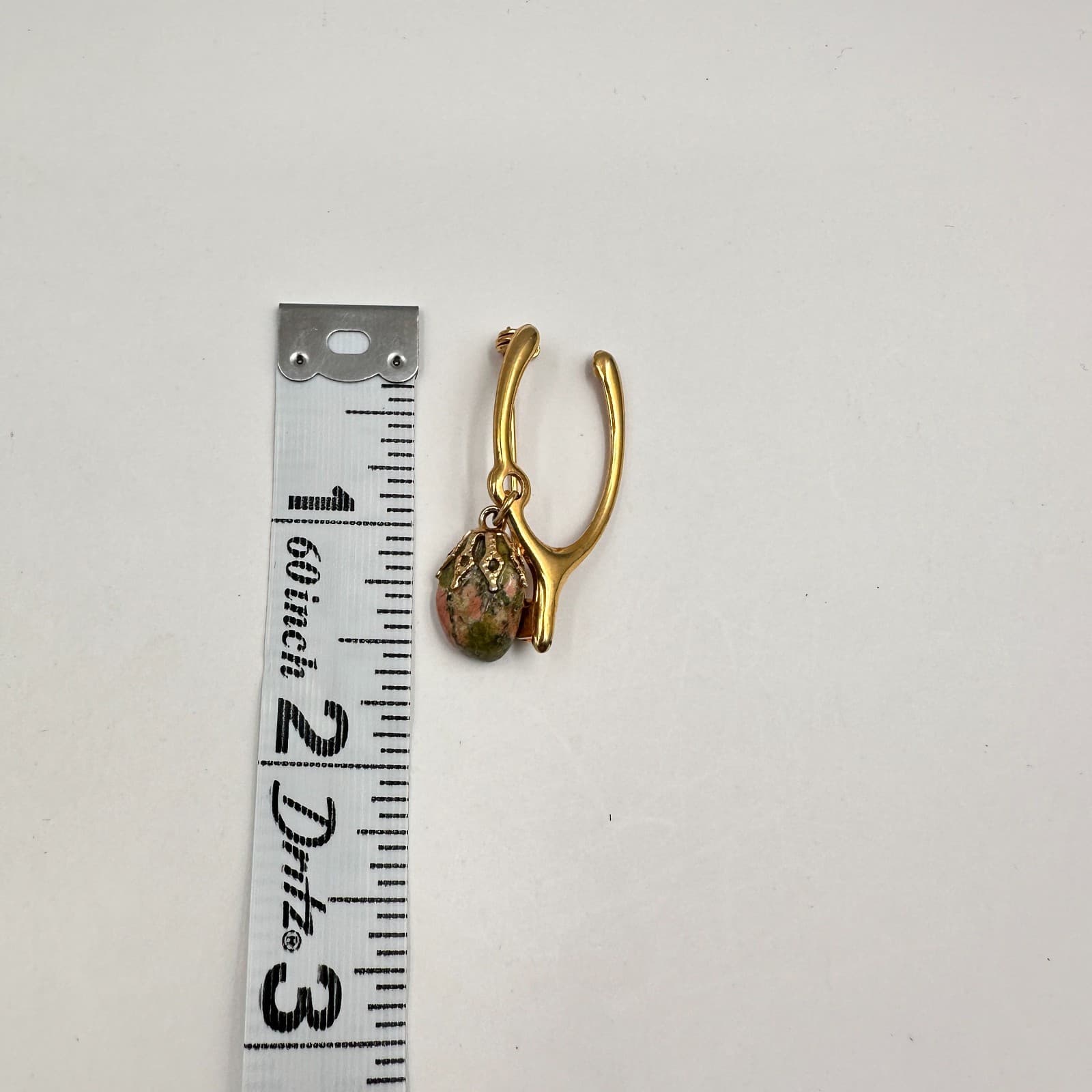 Vintage 80s Gold Tone Wishbone Brooch Dangled Pink Green Natural Stone Jewelry - Thumbnail 7