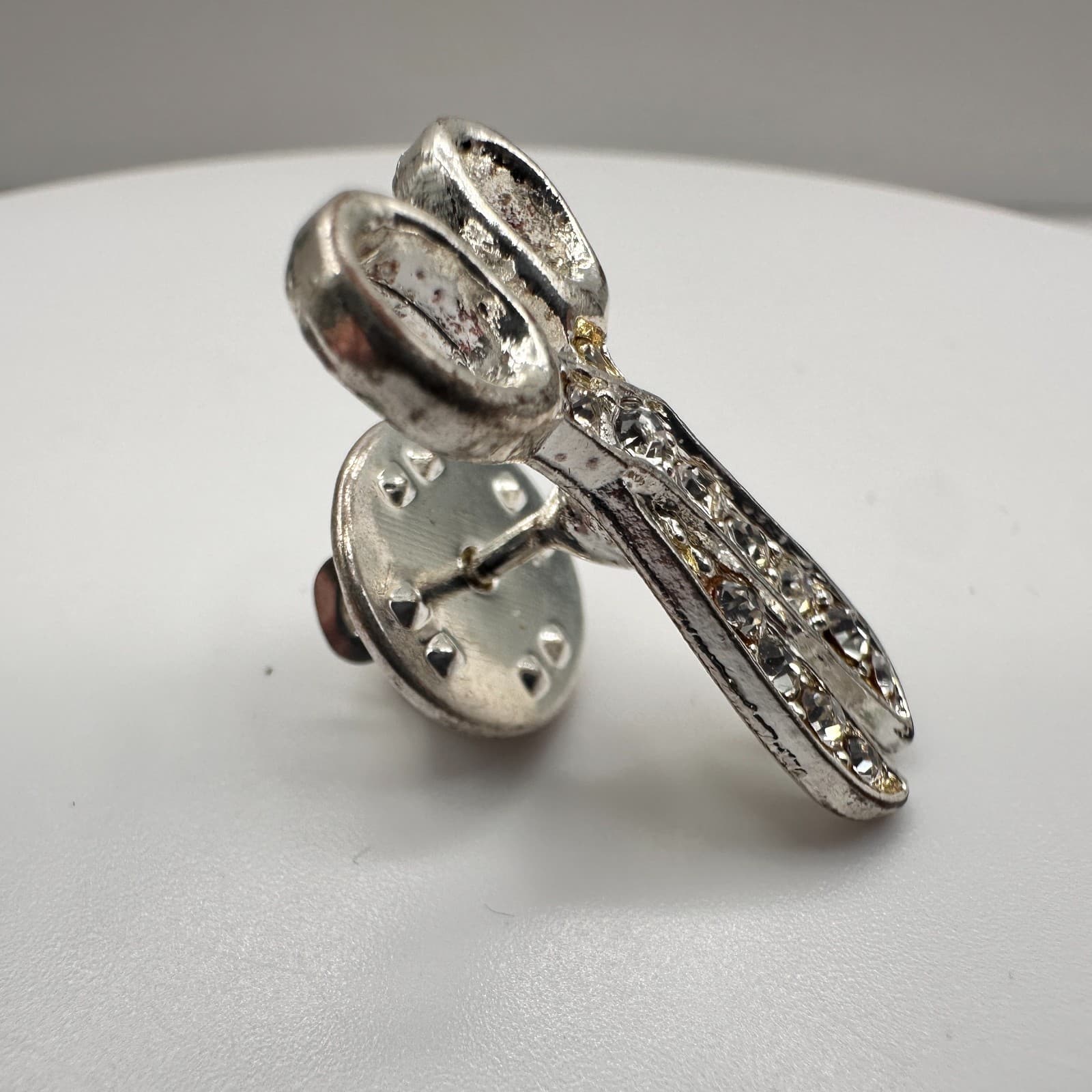 Vintage 90s Rhinestone Scissor Brooch Pin Silver Tone Crystal Sewer Hair Jewelry - Thumbnail 3