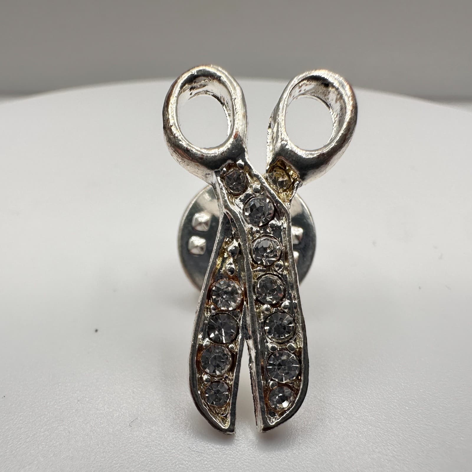 Vintage 90s Rhinestone Scissor Brooch Pin Silver Tone Crystal Sewer Hair Jewelry - Thumbnail 2