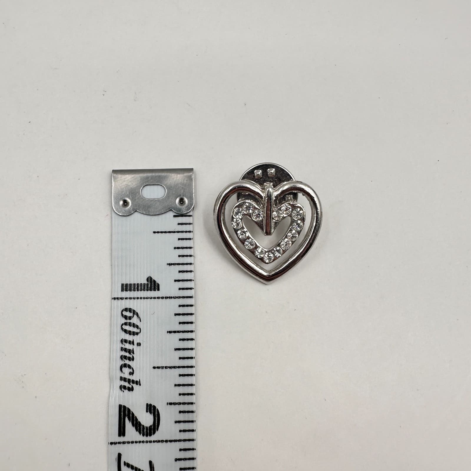 Vintage 80s Silver Tone Double Heart Pin Brooch Clear Rhinestone Crystal Jewelry - Thumbnail 7