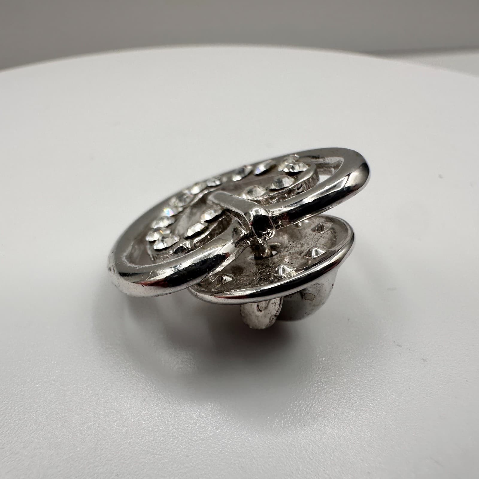 Vintage 80s Silver Tone Double Heart Pin Brooch Clear Rhinestone Crystal Jewelry - Thumbnail 4