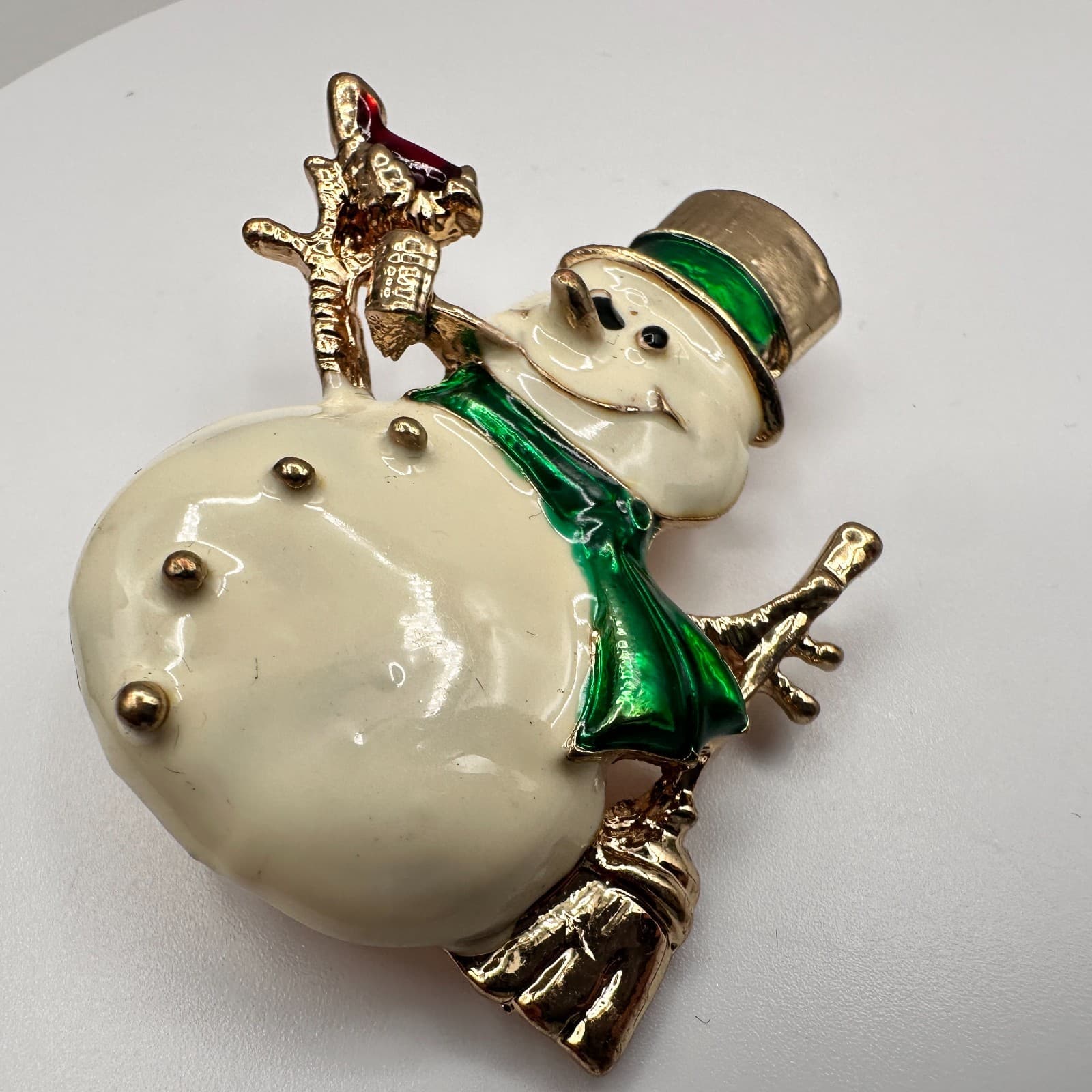 Vintage 80s Christmas Snowman Brooch Enamel Gold Tone Holiday Jewelry Broom Hat - Thumbnail 3