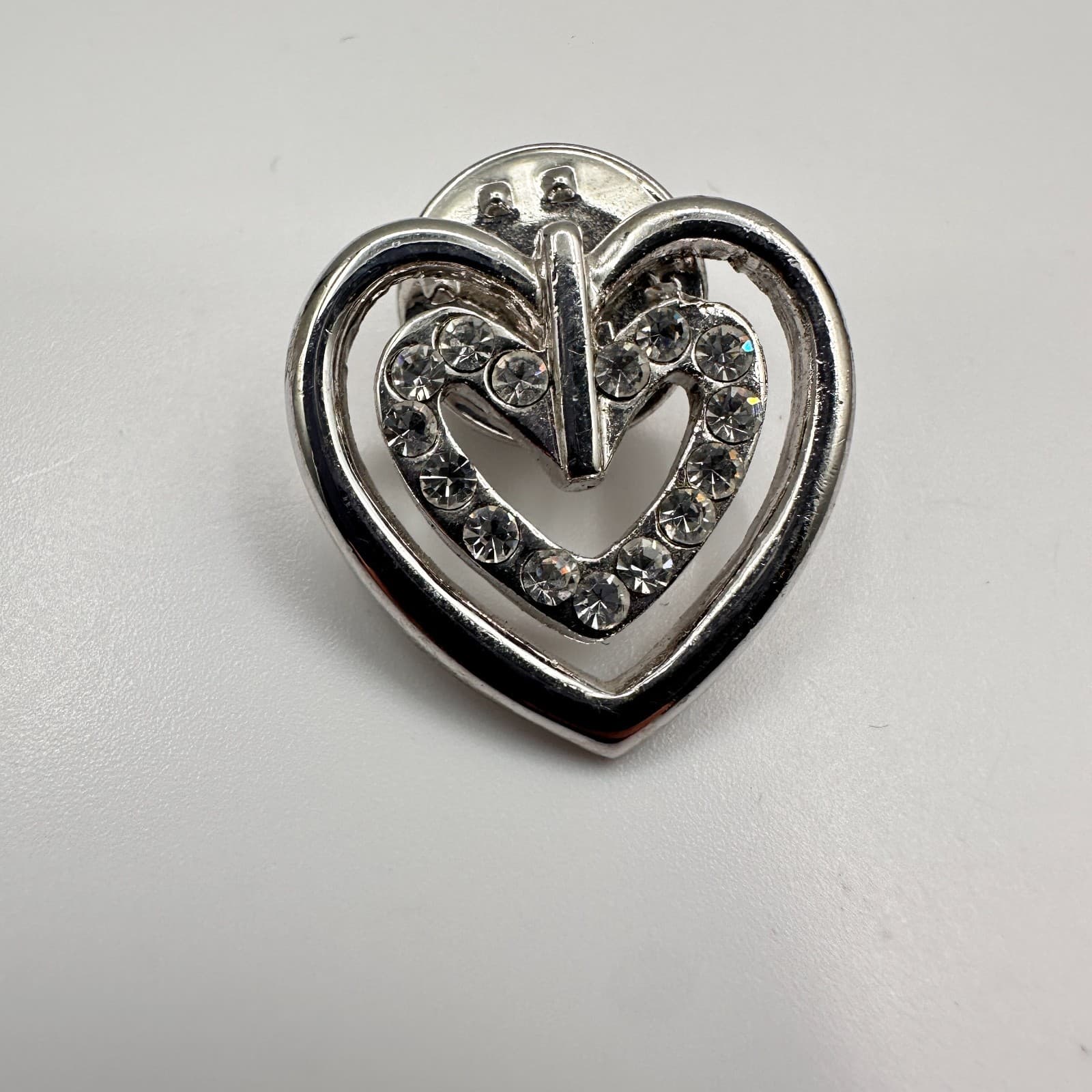 Vintage 80s Silver Tone Double Heart Pin Brooch Clear Rhinestone Crystal Jewelry - Thumbnail 2