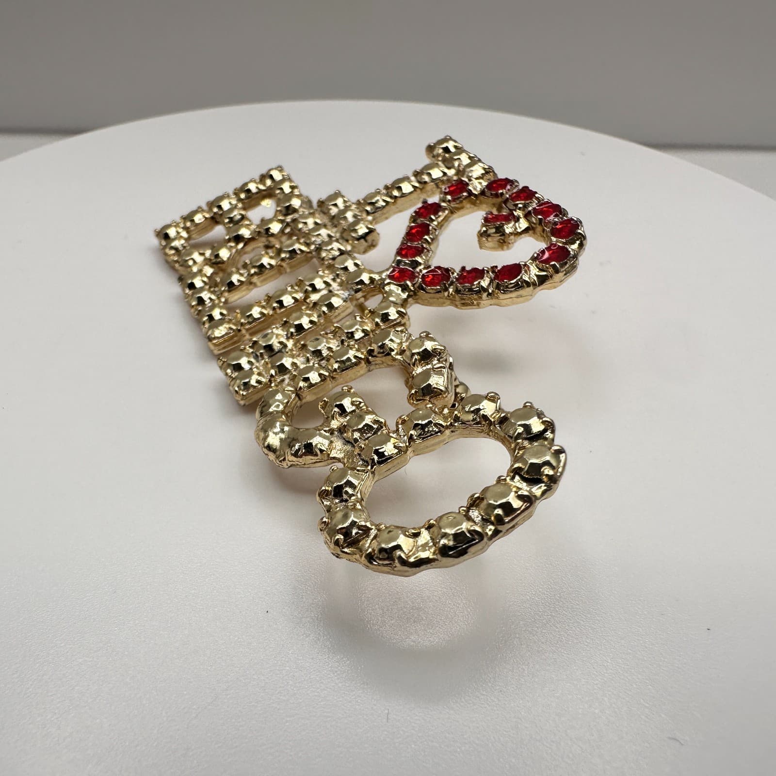 Vintage 80s "I Love Bingo" Heart Gold Tone Pin Brooch Red Rhinestone Jewelry - Thumbnail 3