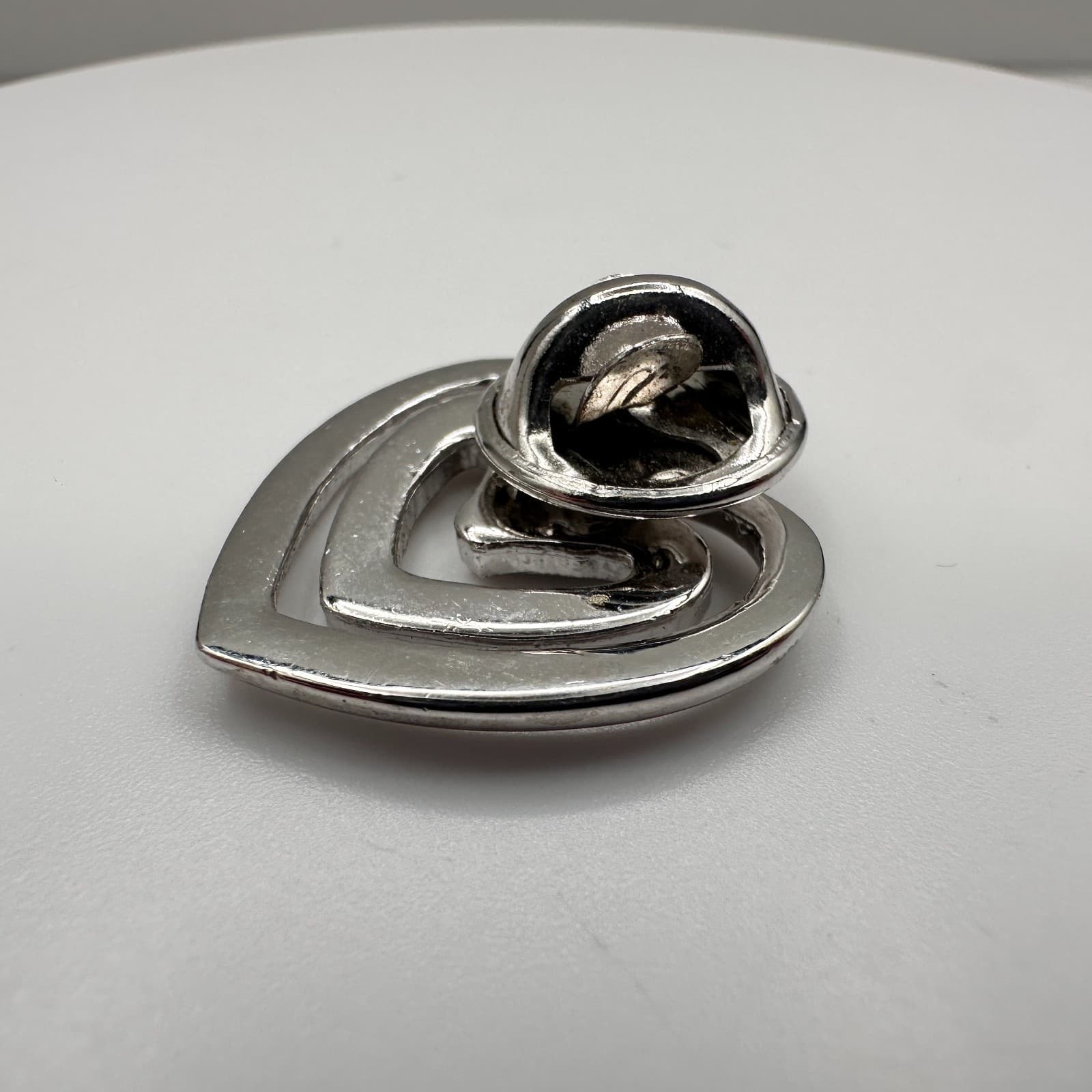 Vintage 80s Silver Tone Double Heart Pin Brooch Clear Rhinestone Crystal Jewelry - Thumbnail 5